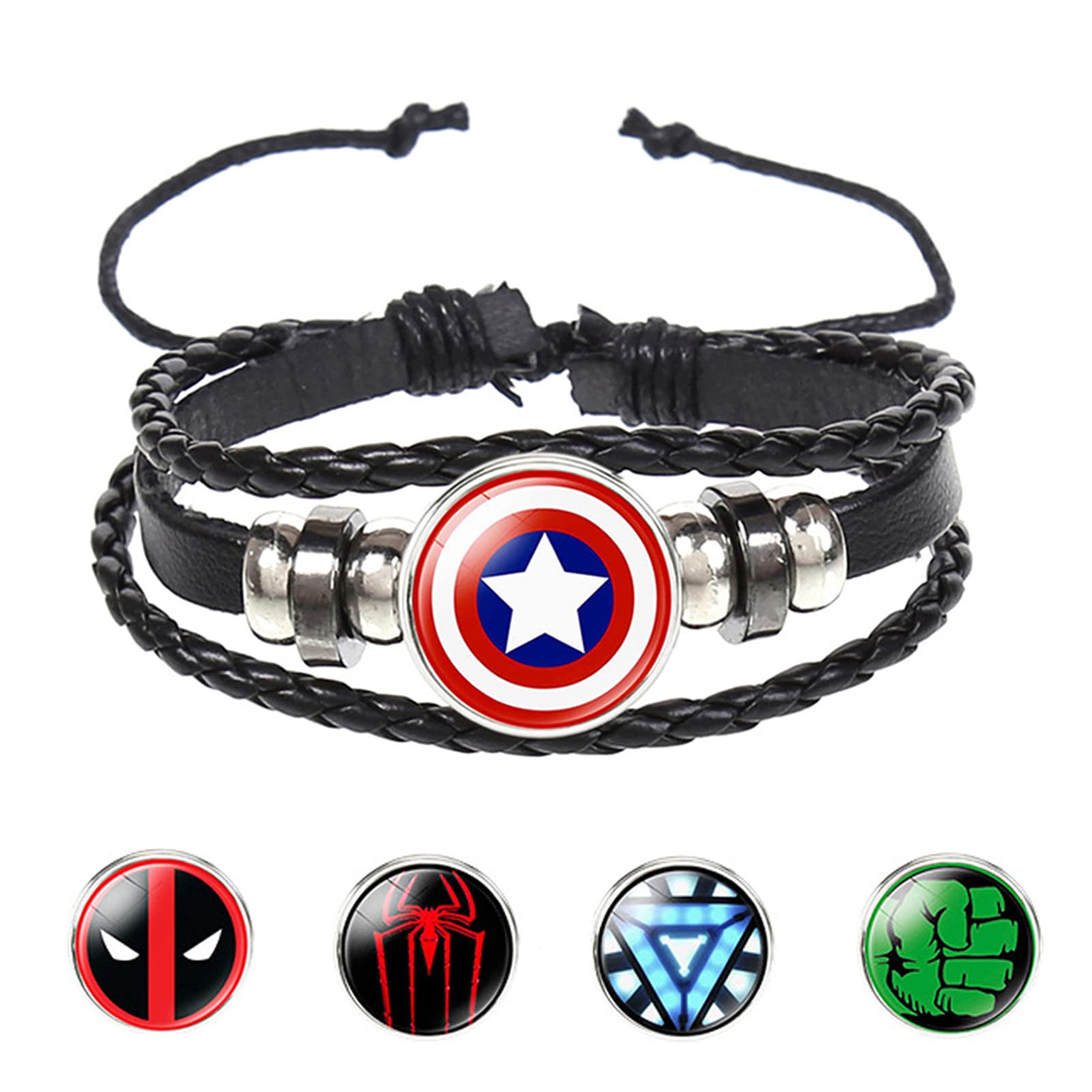 Super Hero Bracelets with 5Pcs Replacement Pendants, Adjustable Avenger Leather Braided Bracelet for Adults and Children Captain America Iron Man Spider Man for Birthday Present Marvel Lovers