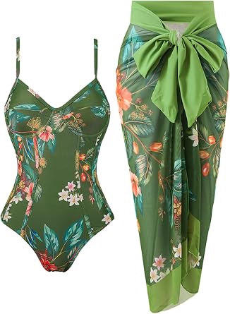 Women One Piece Swimsuit with Cover Up Sarong Wrap Bathing Suits for Women Floral Print Swim Suits with Cover Up Set Slimming 1 Piece Swimwear Dark Green Floral Large