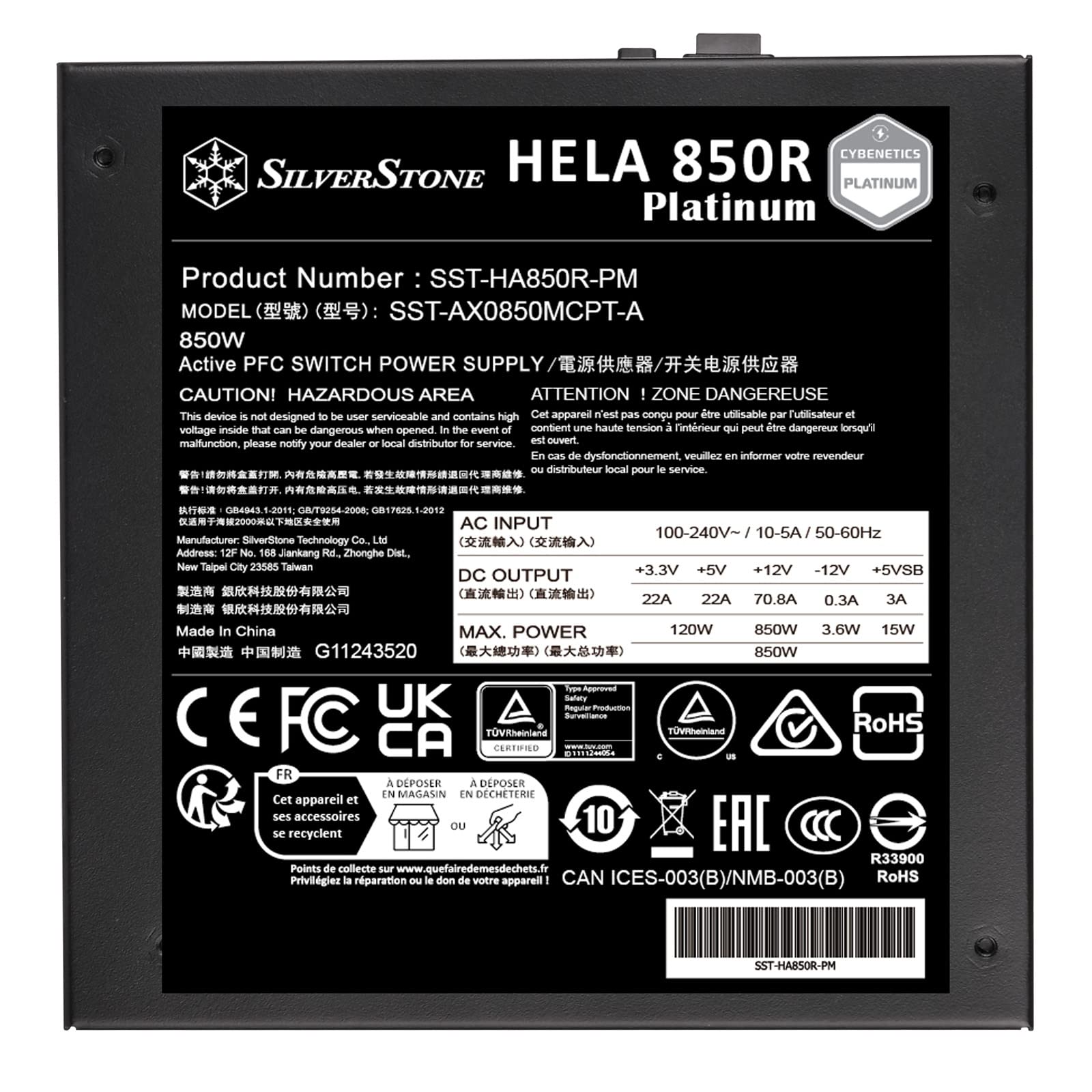 SilverStone Technology SST-HA850R-PM - HELA Alimentation électrique ATX Cybenetics Platinum 850W entièrement modulaire PCIe 5.0