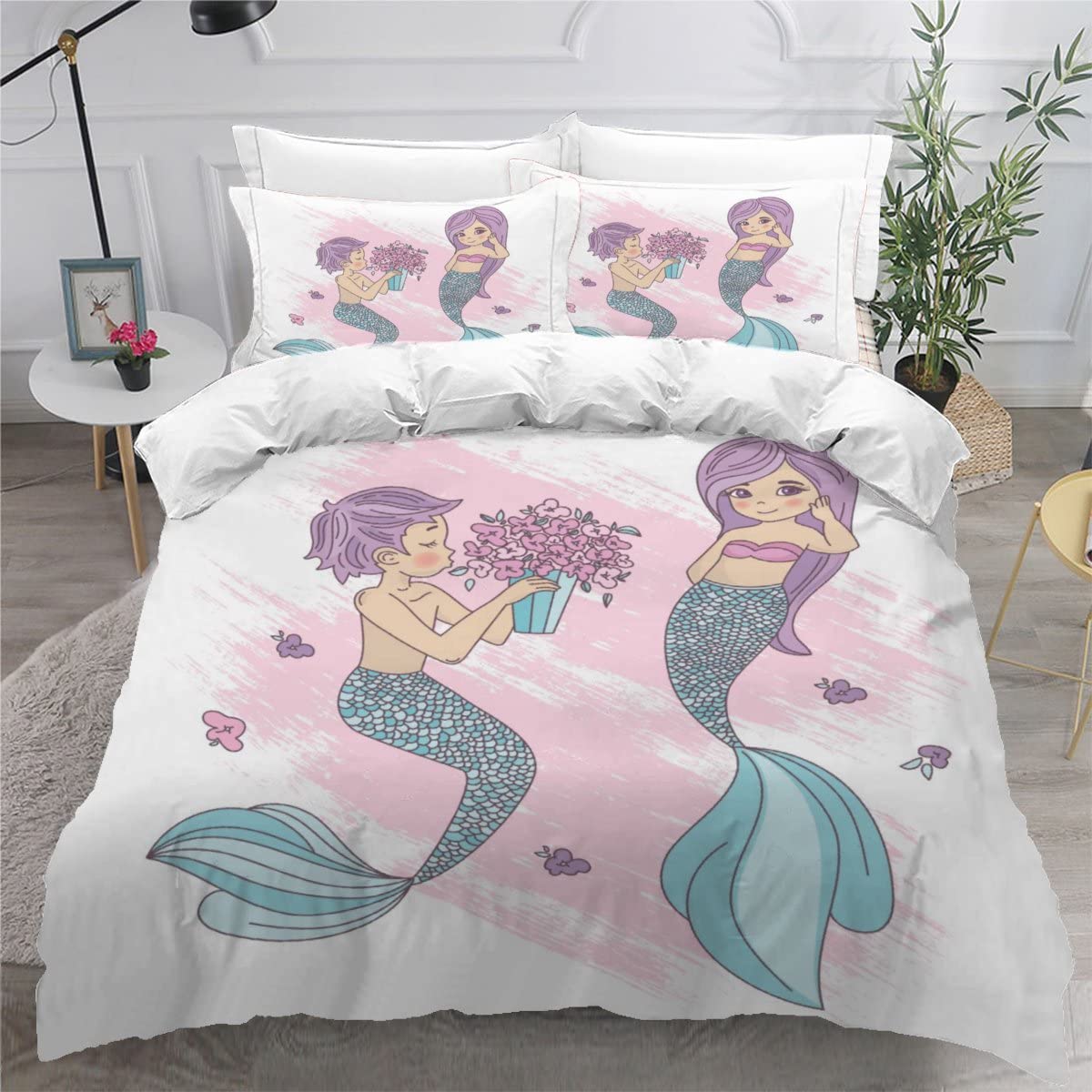 Housse de couette 140x200 sirène imprimée 3D avec fermeture éclair pour lit enfant