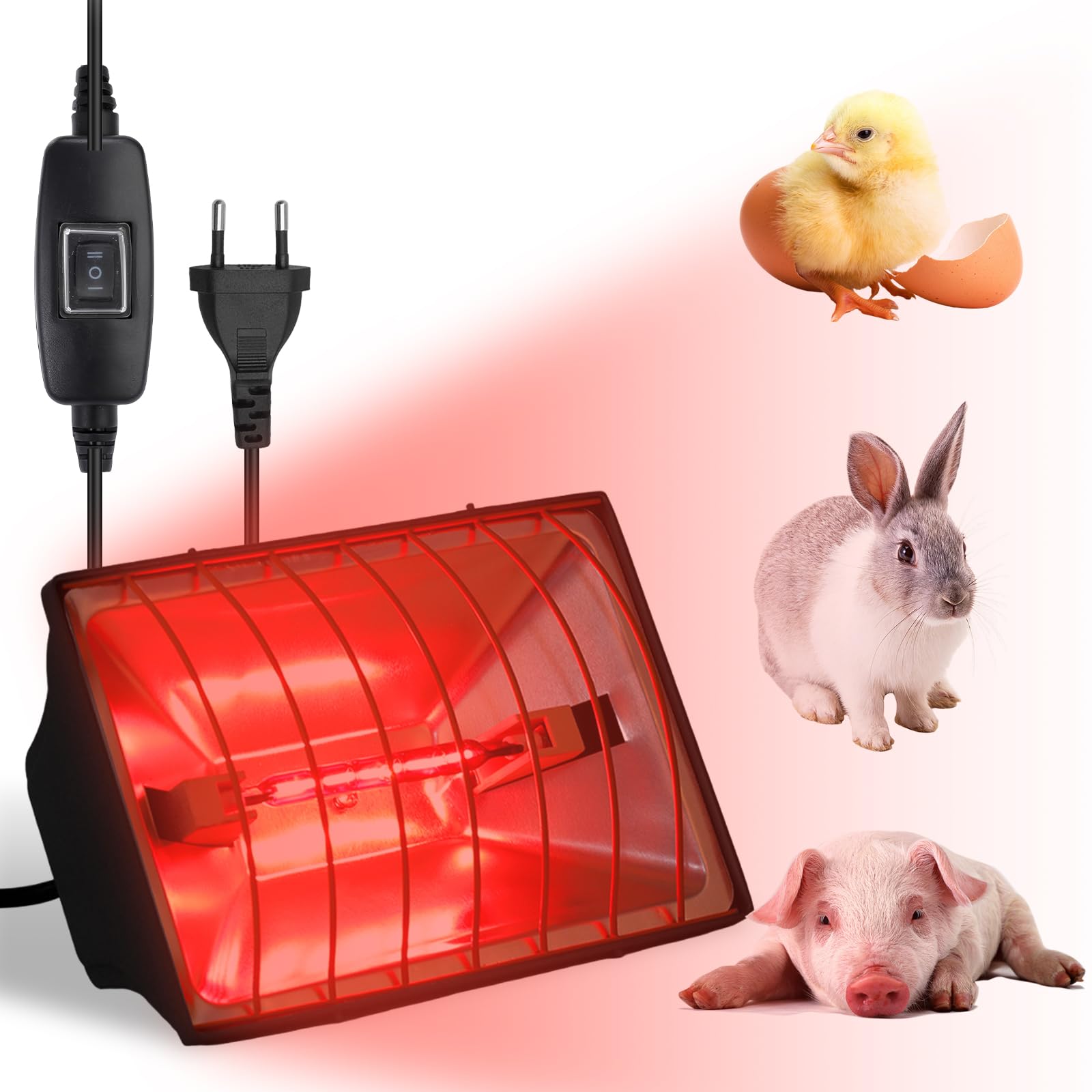 PORFOYO Lampe chauffante à lumière rouge, 175 W Chauffant Poussin pour poulaillers, lampe chauffante pour poulailler, lampe chauffante pour animaux, lampe infrarouge thermostatique automatique