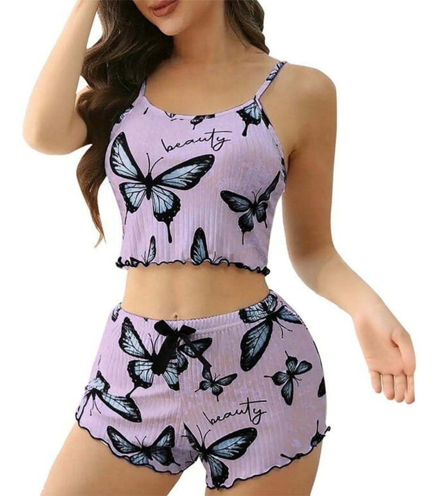 VelvetAllure Butterfly Print Women Pajama Set-Cute 2 Piece Sleepwear Cami Top,Shorts | Spaghetti Strap Summer Nightwear | Soft Breathable Mini Nighty Ladies Night Suit-image-40