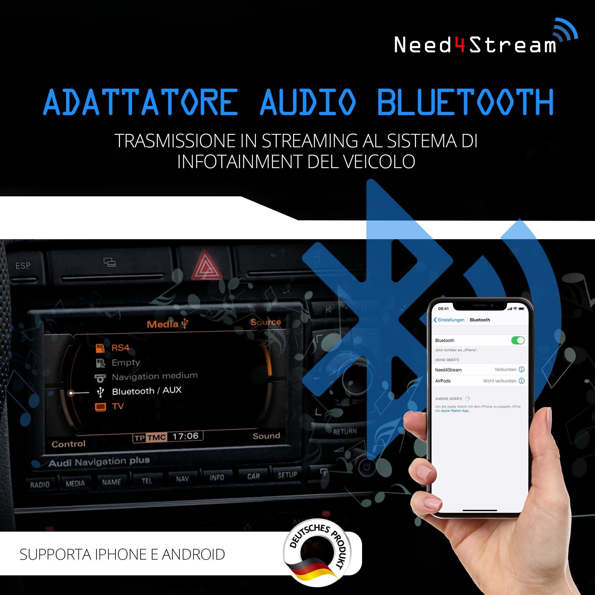 N4S74094 - Interfaccia audio Bluetooth con visualizzazione del titolo per RNS-E, compatibile con Audi A3 (8P), Audi TT (8J), Audi R8 (420), Lamborghini Gallardo, Seat Exeo