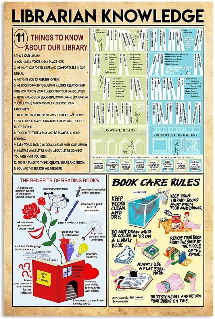 rayprint Librarian Knowledge Metal Tin Signs Book Care Rules Posters Library Home Room Wall Decor Printed Plaque 12x16inches