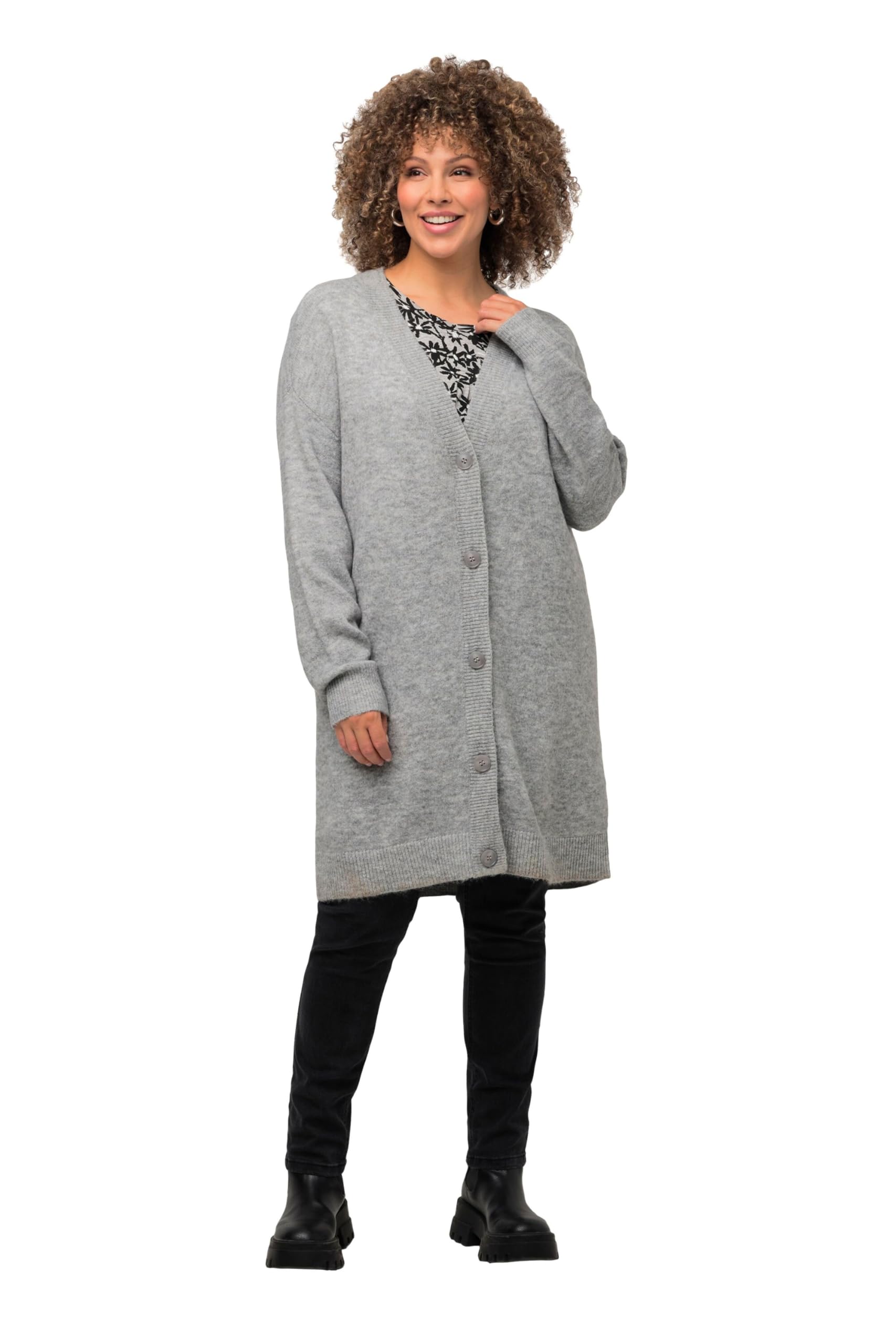 Ulla Popken Damen große Größen Übergrößen Plus Size Strickjacke, Boxy, Knöpfe, V-Ausschnitt, Feinstrick