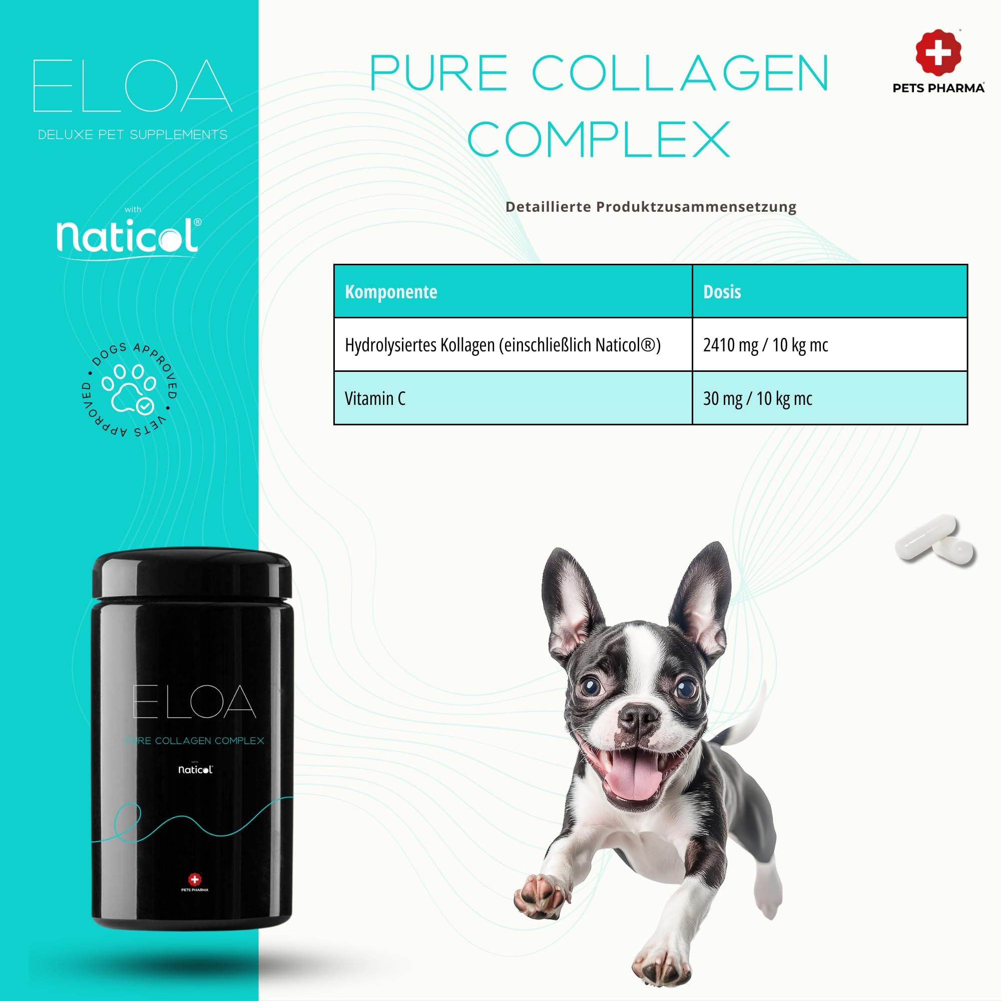 ELOA Pure Collagen Complex, Nahrungsergänzungsmittel für Hunde, Hydrolysiertes Rind- und Fischkollagen, Moleküle 2, 3 und 5 kDa, Unterstützung für Haut, Knochen und Knorpel