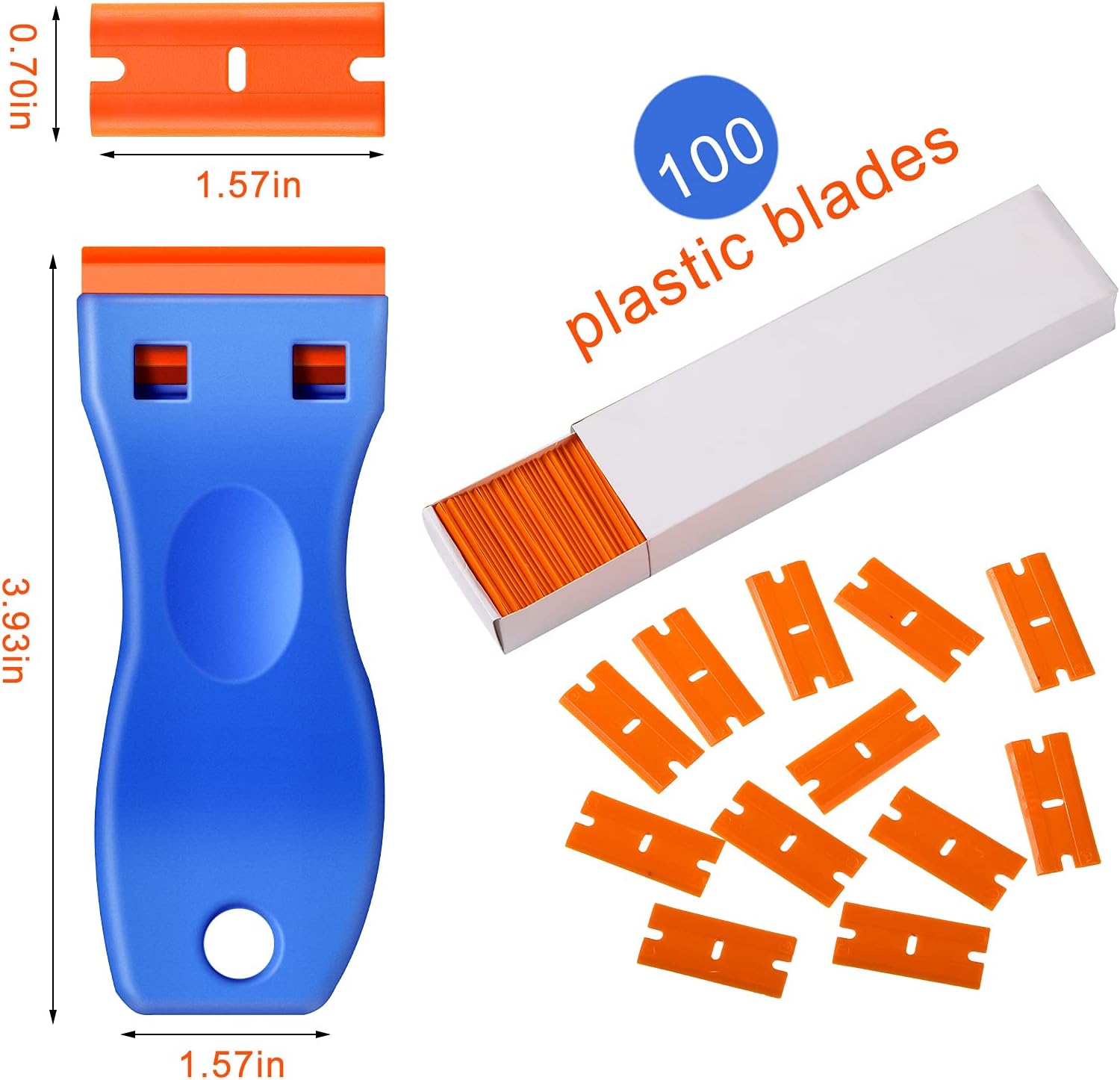Plastic Razor Blade Scraper, 4 Pieces Scraper Tools with 100 Pieces Plastic Blades for Gasket Remover, Stickers, Decals, Adhesive, Labels, Paint, Glass, Car, Windows