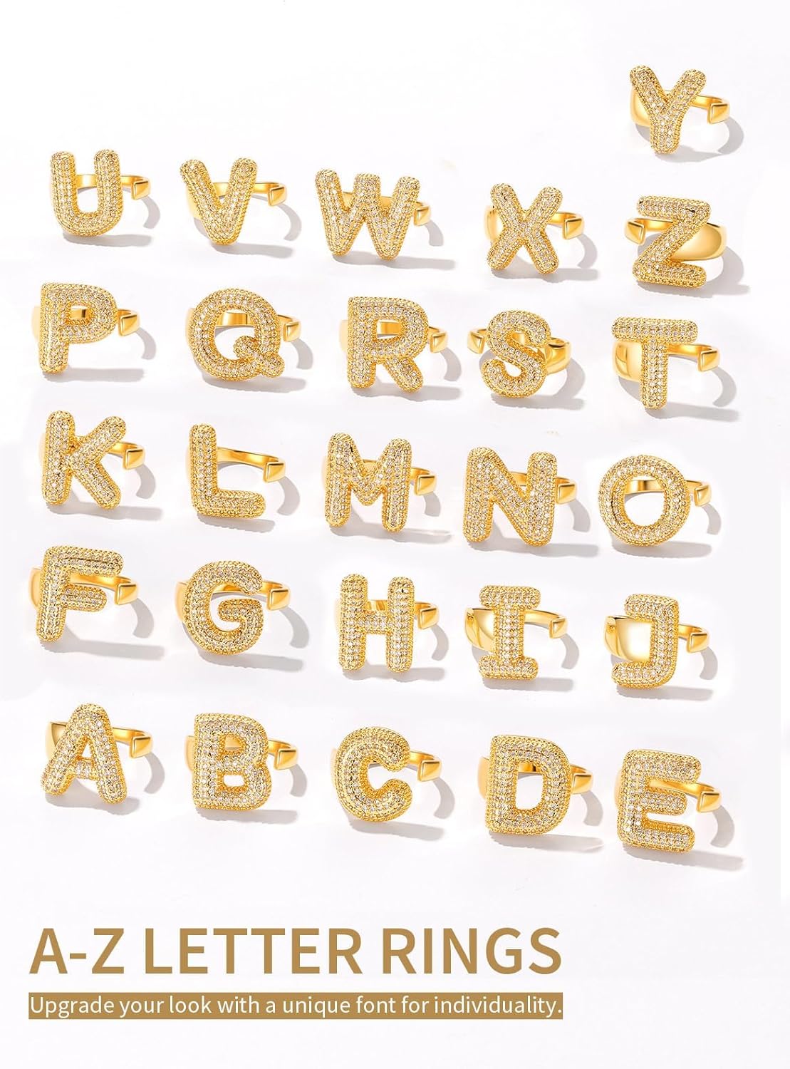 FindChic Initial Ring for Women, Gold Plated Chunky Letter Rings Open Adjustable Trendy Sparkling Cubic Zirconia Personalized Statement Rings Jewelry Gift - Image 6