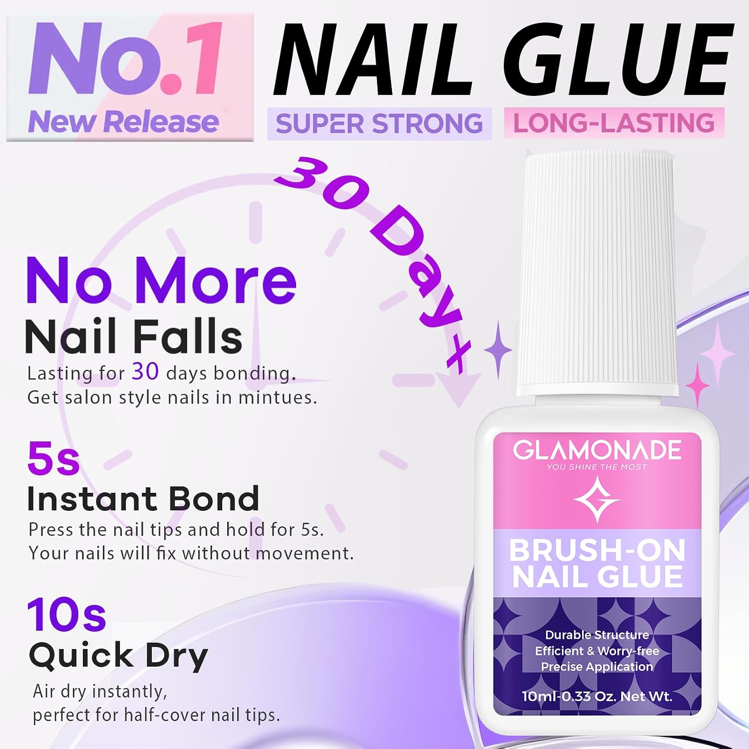Glamonade Super Strong Nail Glue: Salon Quality Brush On Glue for Acrylic & Fake Nails - Easy Application, Durable & Long-Lasting