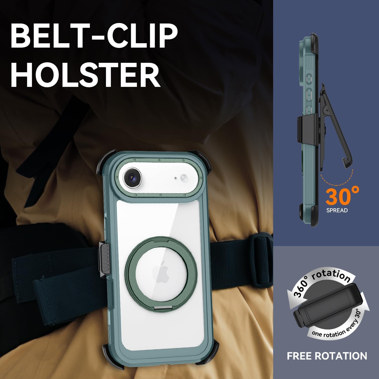 Magnetic for iPhone Air Case, Compatible with MagSafe, Full Body Rugged Case with Built-in Screen Protector & Kickstand & Belt-Clip (Green)