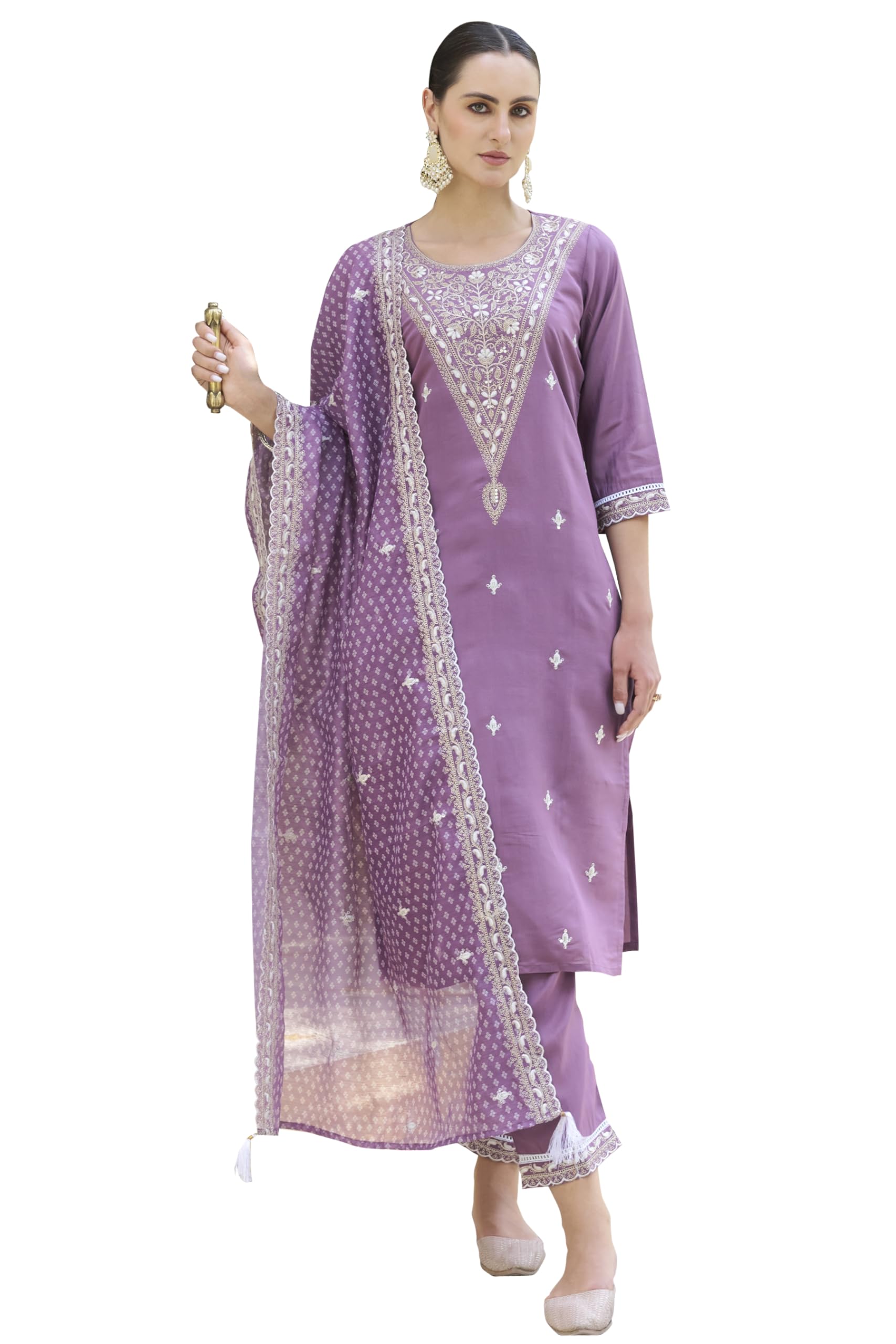 VredeVogelWomen's Silk Blend Embroidered Kurta with Pant & Organza Dupatta Set