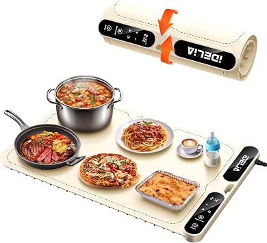 Food Warming Mat Electric Heating - Portable Silicone Warming Tray with 7 Temperature Settings and 8 Hours Timer for Party Buffet Home Travel Kitchen 23.6"x15",Beige