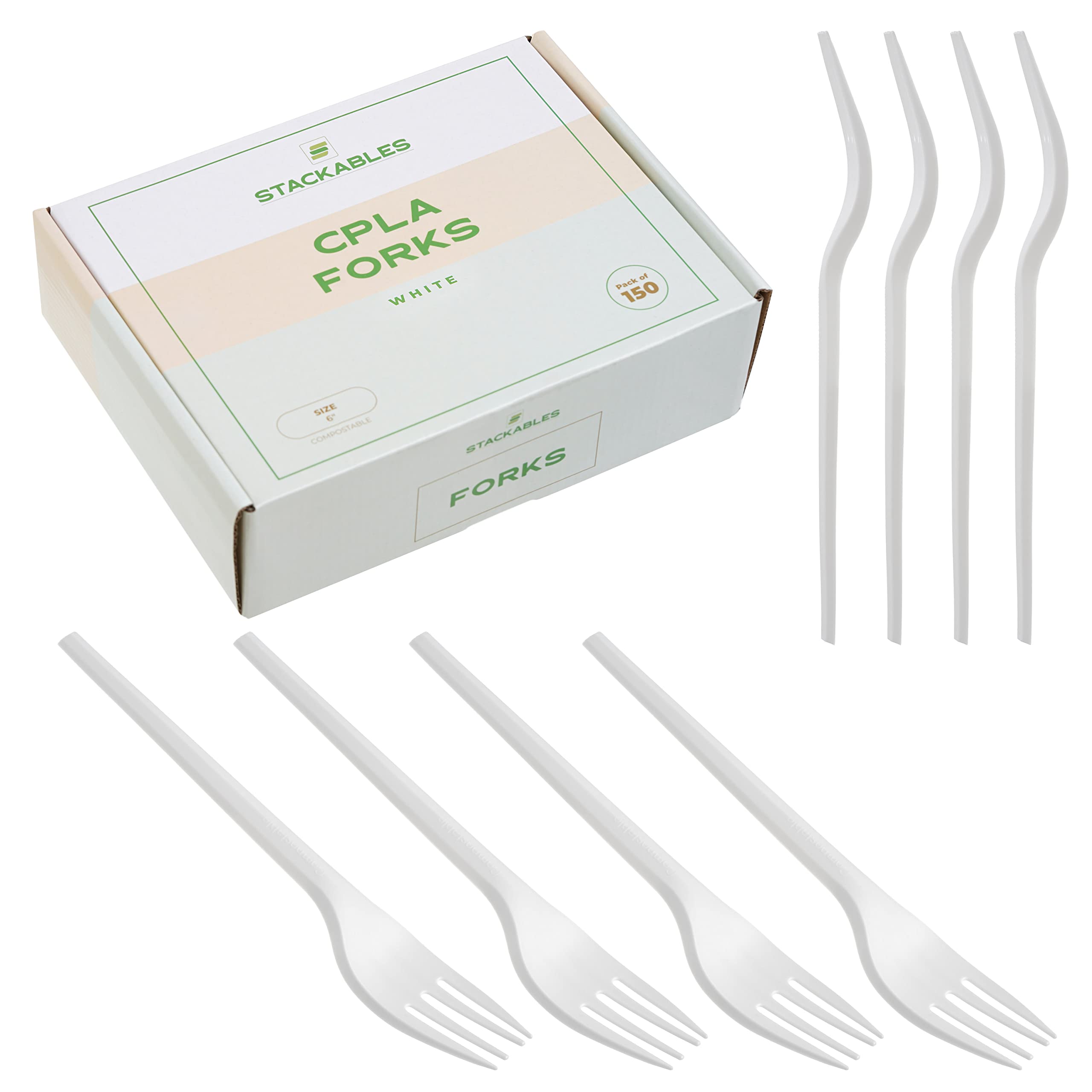 STACKABLES ~ Pack of 150 White Plastic Forks ~ 6" CPLA Compostable Eco Friendly Plastic Cutlery Set ~ Reusable Cutlery ~ Biodegradable Forks for Everyday use, Parties, Buffets, BBQs, Weddings