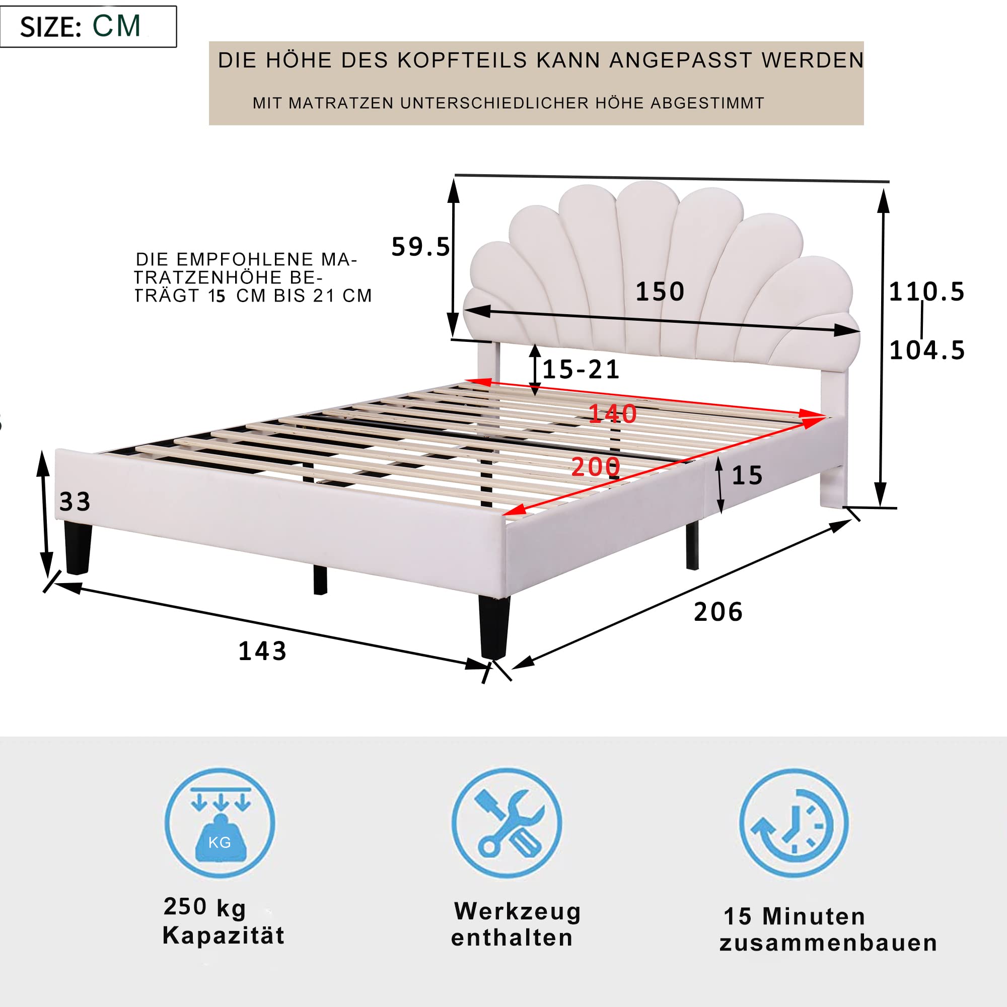 Letto matrimoniale imbottito 140 x 200 cm, telaio con testiera a forma di fiore e rete a doghe, letto per adulti e ragazzi in tessuto di velluto delicato sulla pelle, letto per ospiti beige