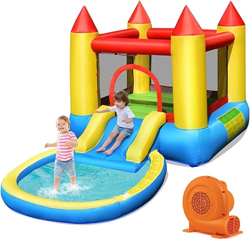 OLAKIDS Tobogán acuático inflable de la casa de la despedida, castillo de salto con tobogán, piscina de salpicaduras, gran área de rebote, malla de