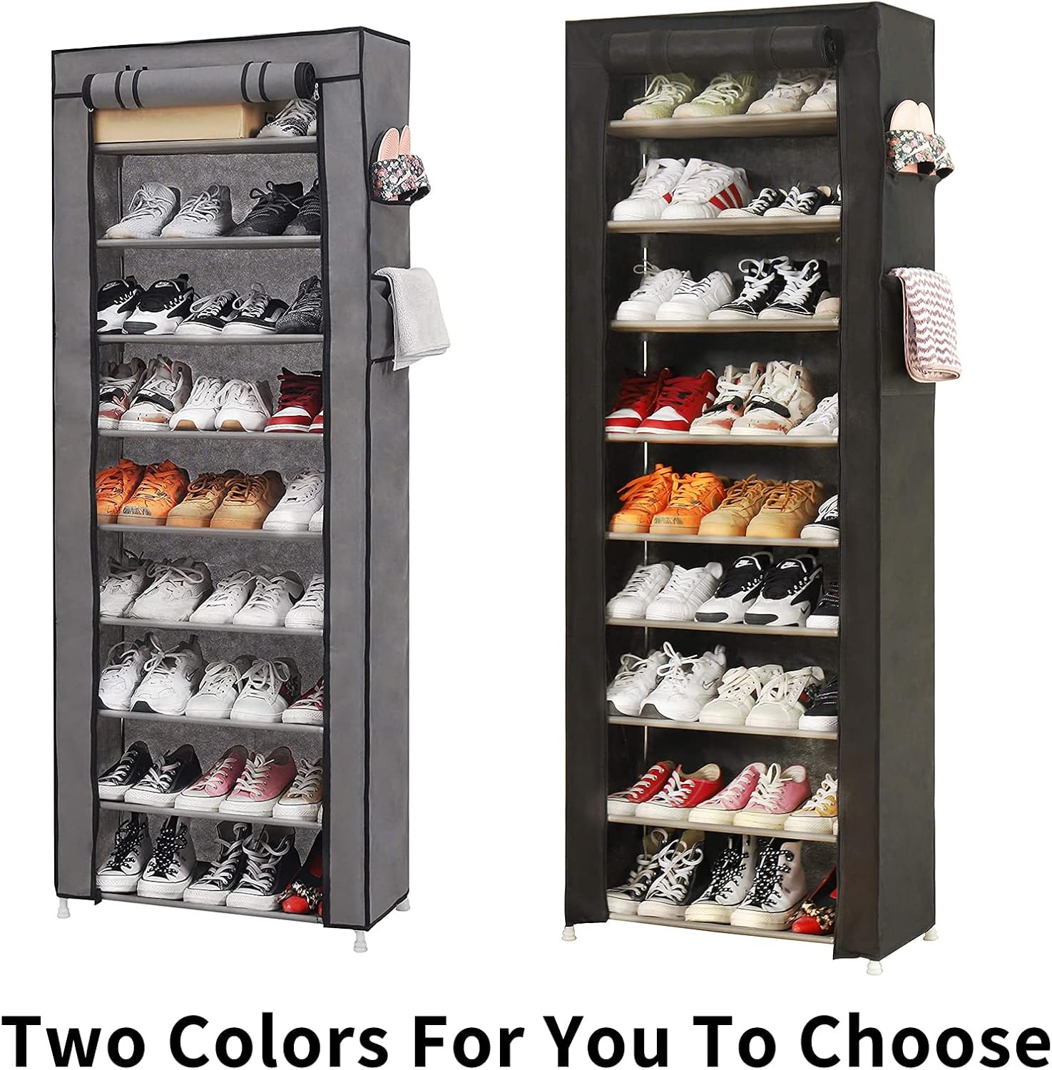 PENGKE 9-Tier Shoe Storage Organizer with Dustproof Cover - Closet Cabinet Shelf Holds up to 27 Pairs - for Doorway, Corridor, Balcony, Living Room - Black