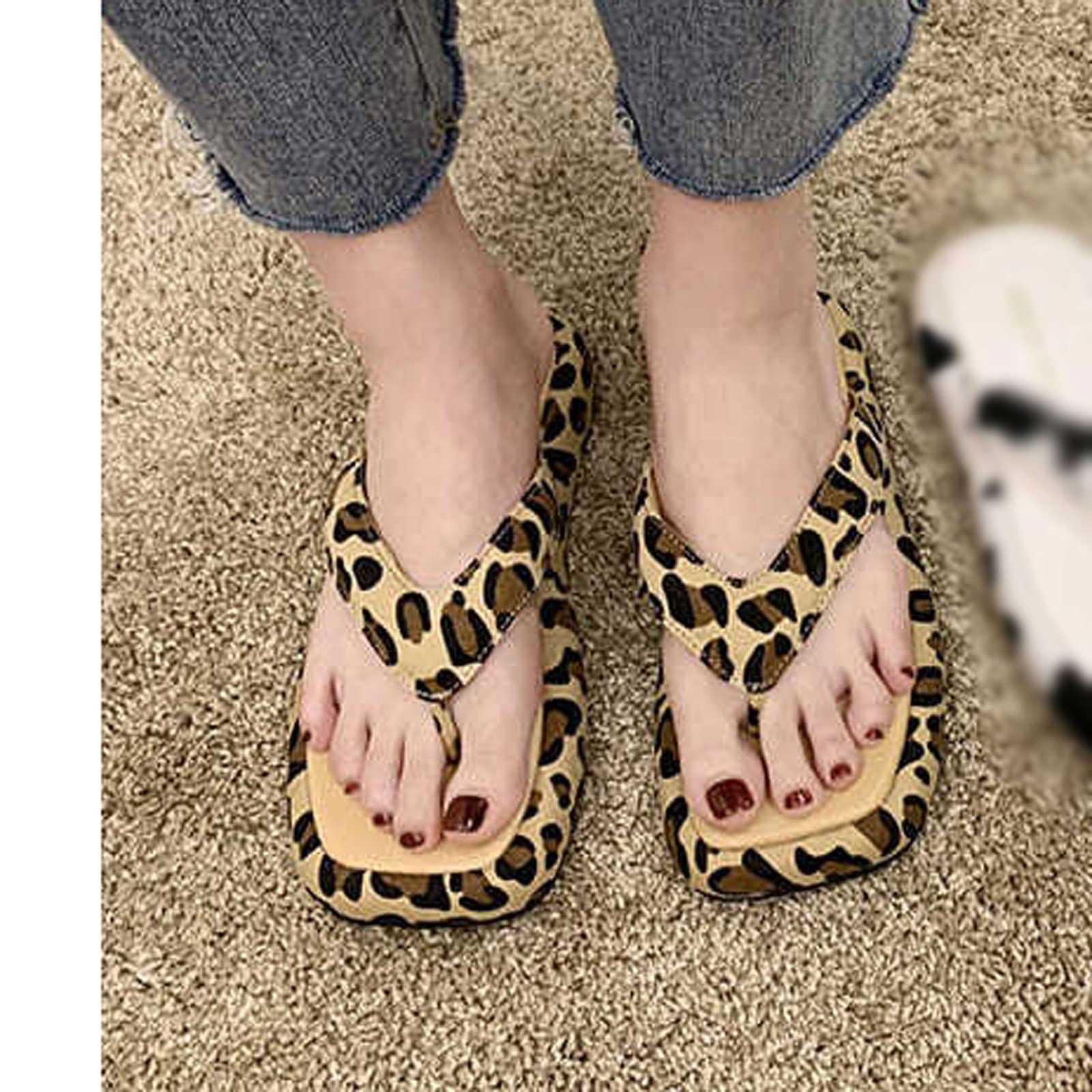 Zapatillas para Mujeres Chanclas de Fondo Gruesas para Mujeres diseñador de Estampado de Leopardo Clip de Punta de los pies de la Plataforma de Color Mixto Femenino Zapatos de Playa 38-39fits 37-38