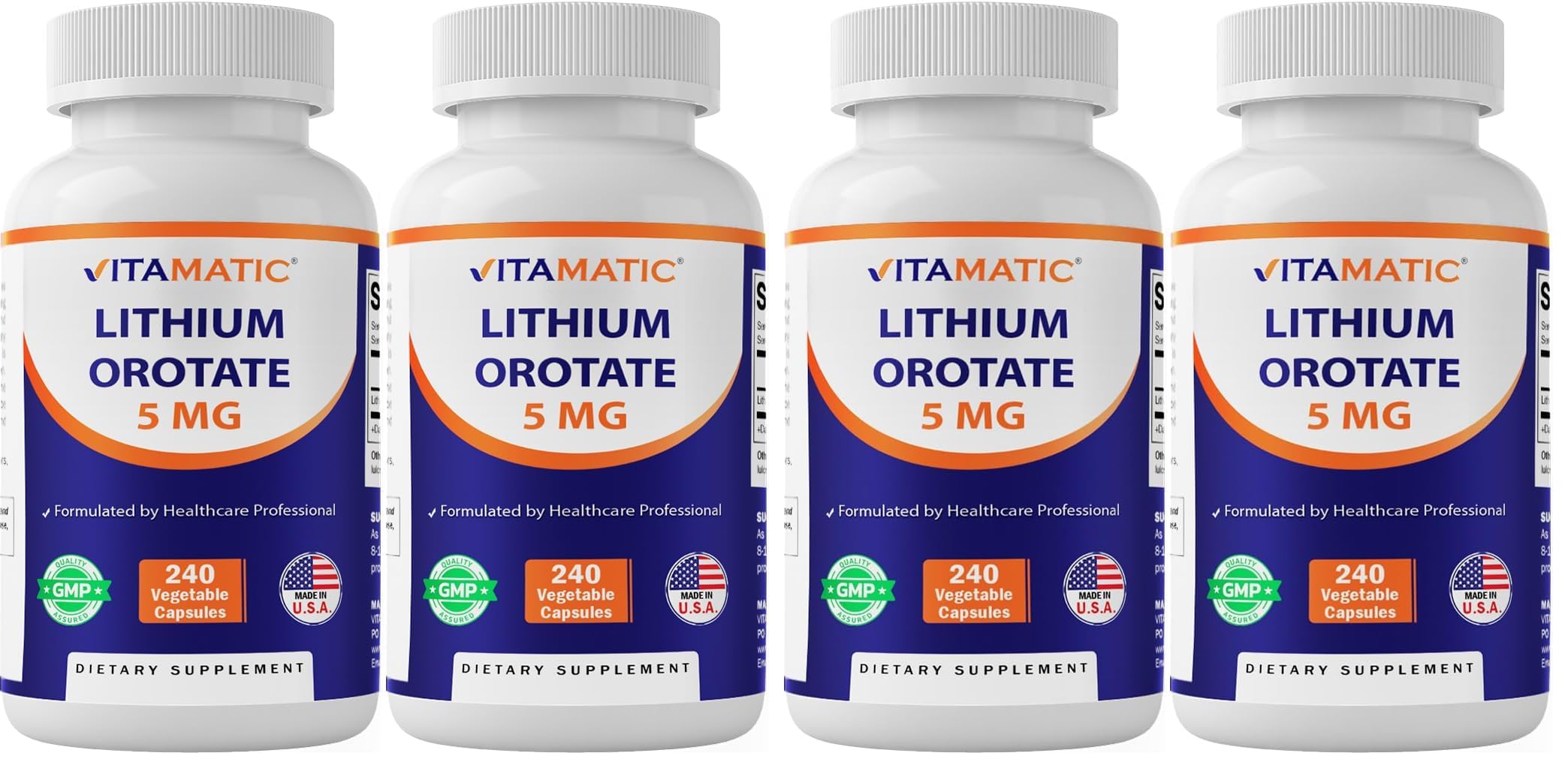 Vitamatic Lithium Orotate 5mg, 240 Veggie Capsules, Non-GMO, Gluten Free. - 4 Pack 480 Count (Pack of 2)