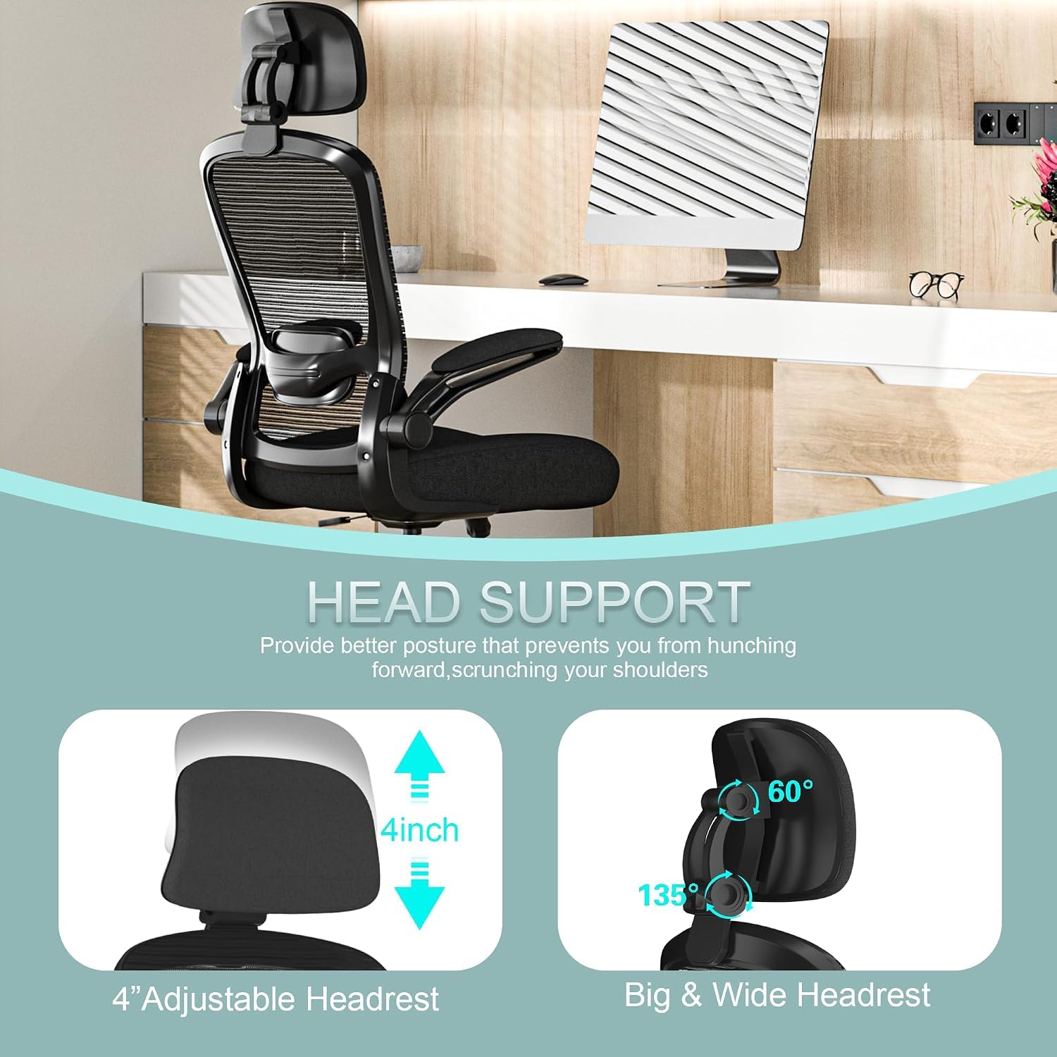 Silla de oficina, silla de escritorio ergonómica de respaldo alto con soporte lumbar ajustable y reposacabezas, con reposabrazos abatibles para tocar la guitarra, moderna, negro (marco negro)