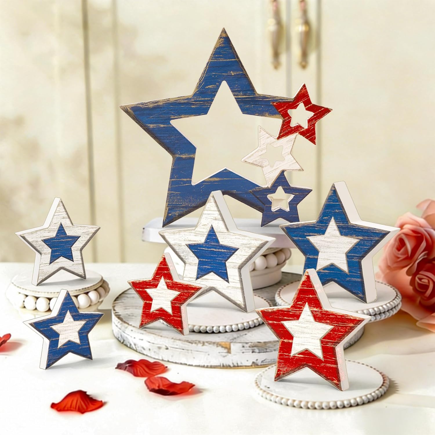 FYSUIMU 7 Pcs Patriotic Star Wooden Table Sign 4th of July Tabletop Centerpiece Red Blue Hollow American Star Tiered Tray Decoration for Independence Day Party Home Farmhouse