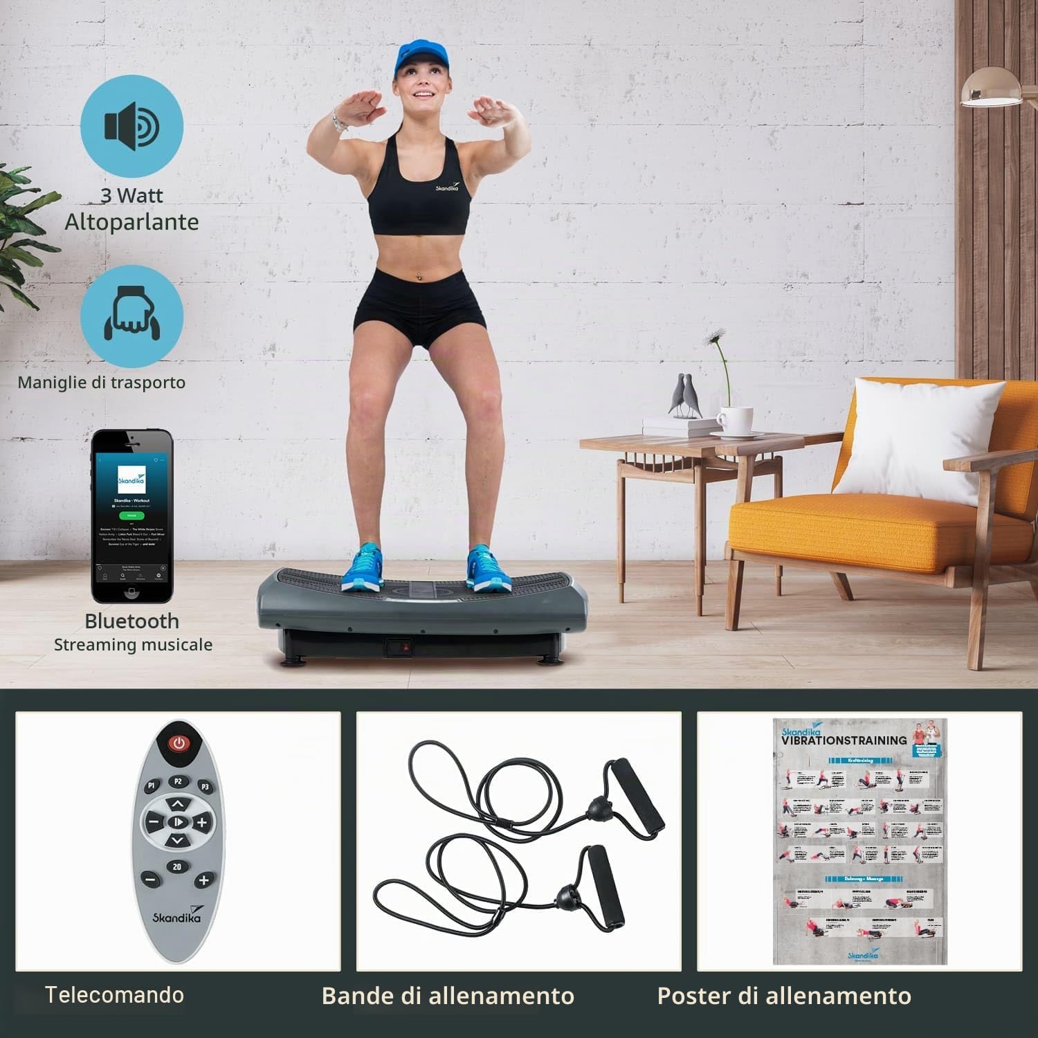 Skandika V2000, 3D o 4D Pedana Vibrante, Superficie curvata, Smart LED, Cinghie d'allenamento, Bluetooth