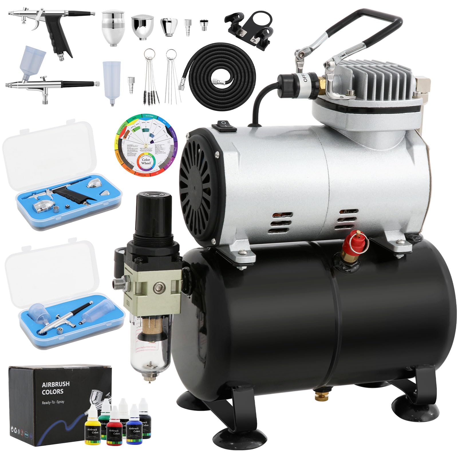 VELPEX Airbrush Kit with Air Compressor with 2pcs Airbrush Kit and 1pcs High Working Pressure Air Compressor, for Hobbies Crafts Nail Art Tattoos Cake Decorating Cosmetics Furniture refinishing