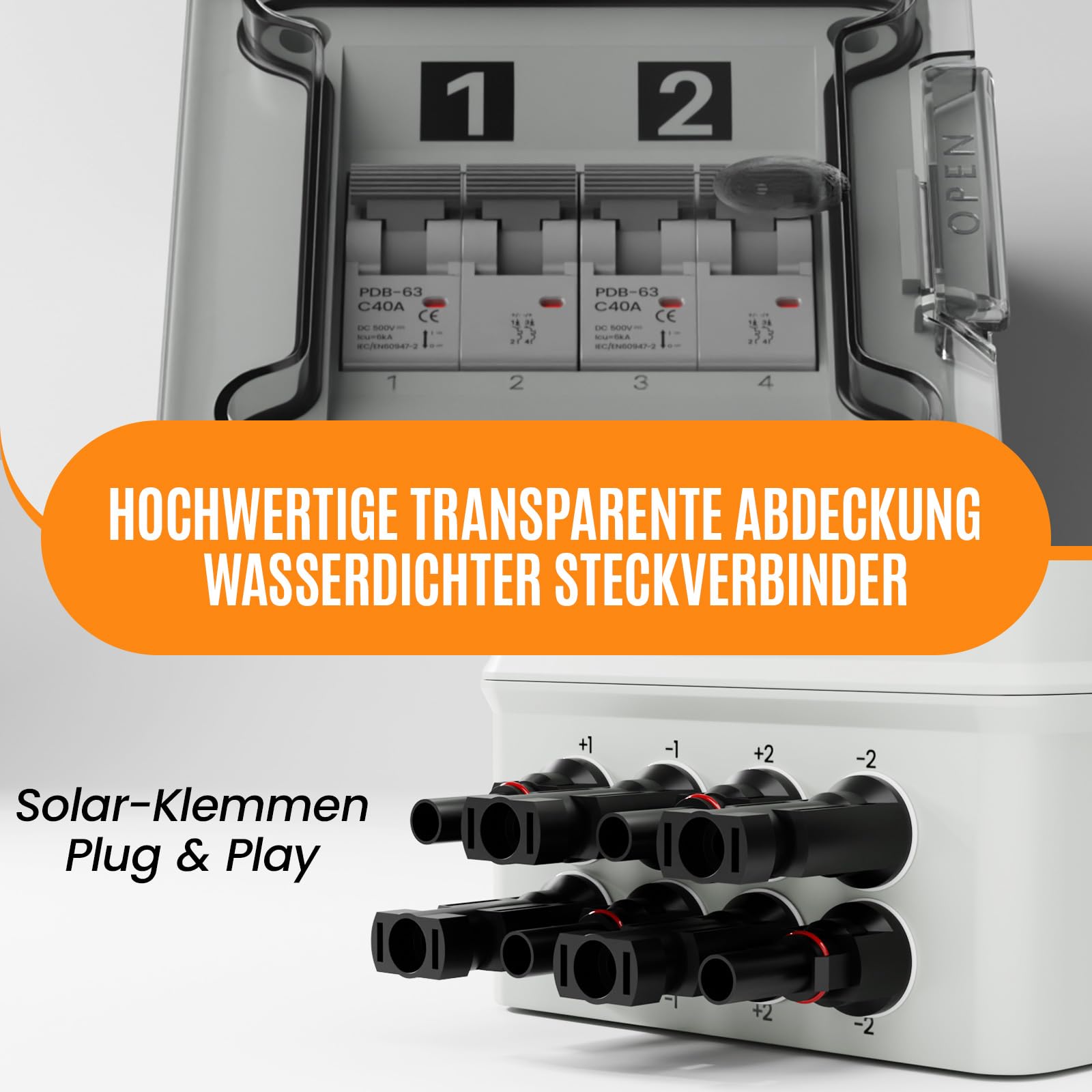 DC Trennschalter PV Anlage 500V 2 String, IP65 Wasserdichte Solar Combiner Box mit 2 polig 40A Leitungsschutzschalter, Kurzschluss- & Überstromschutz（2 in 2 out）