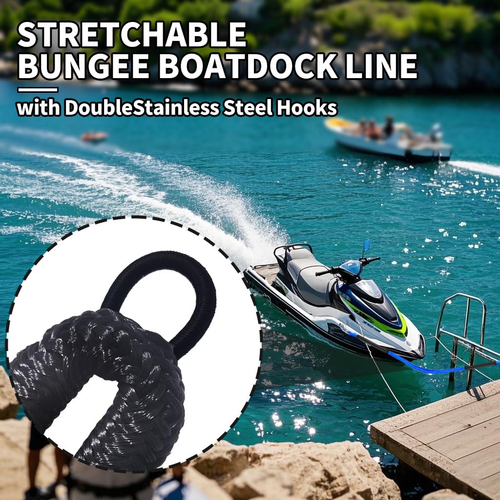 Bungee Boots-Dockleine, dehnbares Festmacher-Seil, Bungee-Docking-Seil, Bungee-Seil, Docking-Seil, 1,2 - 1,5 m mit Clip und Schaumstoff-Schwimmer, 2 Stück, Schwarz