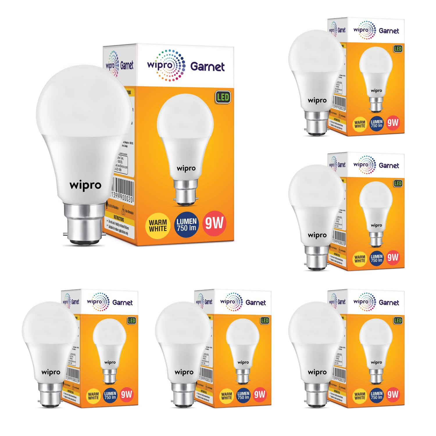 wipro Garnet 9W LED Bulb for Home & Office |Warm White (2700K) | B22 Base|220 degree Light coverage |4Kv Surge Protectio