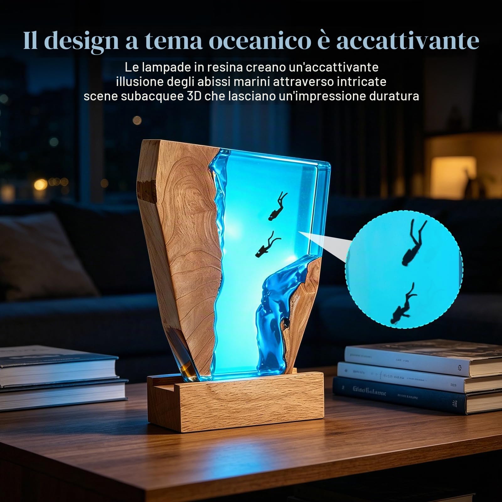 Luce Notte Resina, Luce Lampada Notturna 3D Oceano in Resina, Lampada Oceanica LED Subacqueo Base in Legno, Epossidica Paesaggio Sottomarino, Decorazion per Cameretta Soggiorno Ufficio