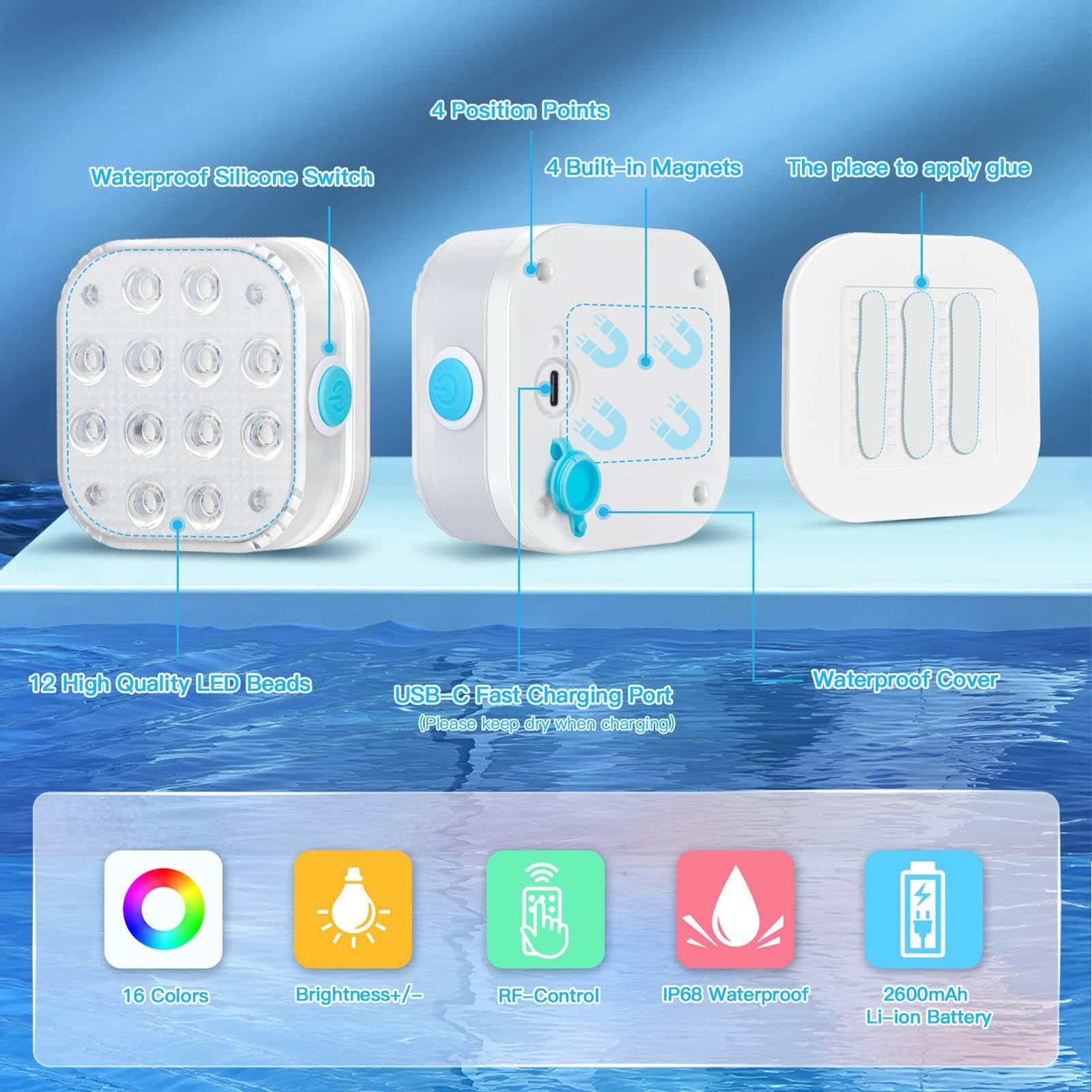 2 Luci LED Subacquee con Telecomando, Luci Magnetiche Impermeabili IP68, Modello Ricaricabile, Adatte for Doccia, Piscina, Stagno, Acquario, Vasca da Bagno, Feste