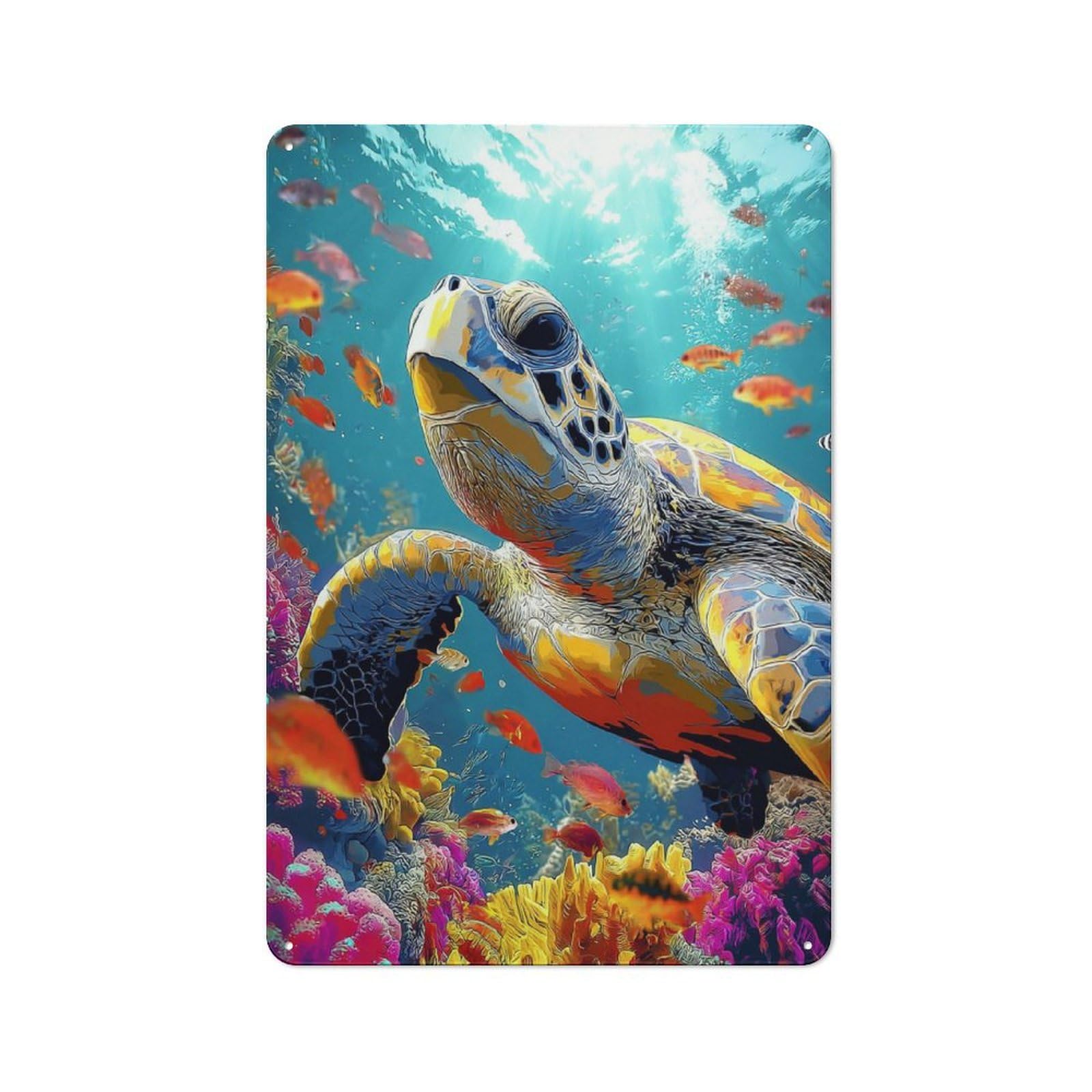 Tin Wall Sign with Colorful Underwater Turtle Paradise Design 30x20cm, Classic Diner Style Decor for Bakery, Diner, Cafe Or Family Room