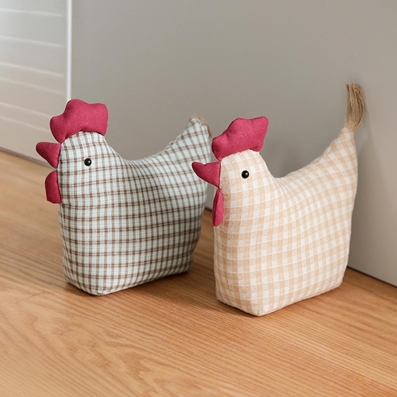Decorative Rooster Door Stopper, 11 Inch Chicken Stuffed Animal Door Stop, Striped Gingham Shirt Design with Welcome Home Sign Chicken Birthday Gift (Khaki)
