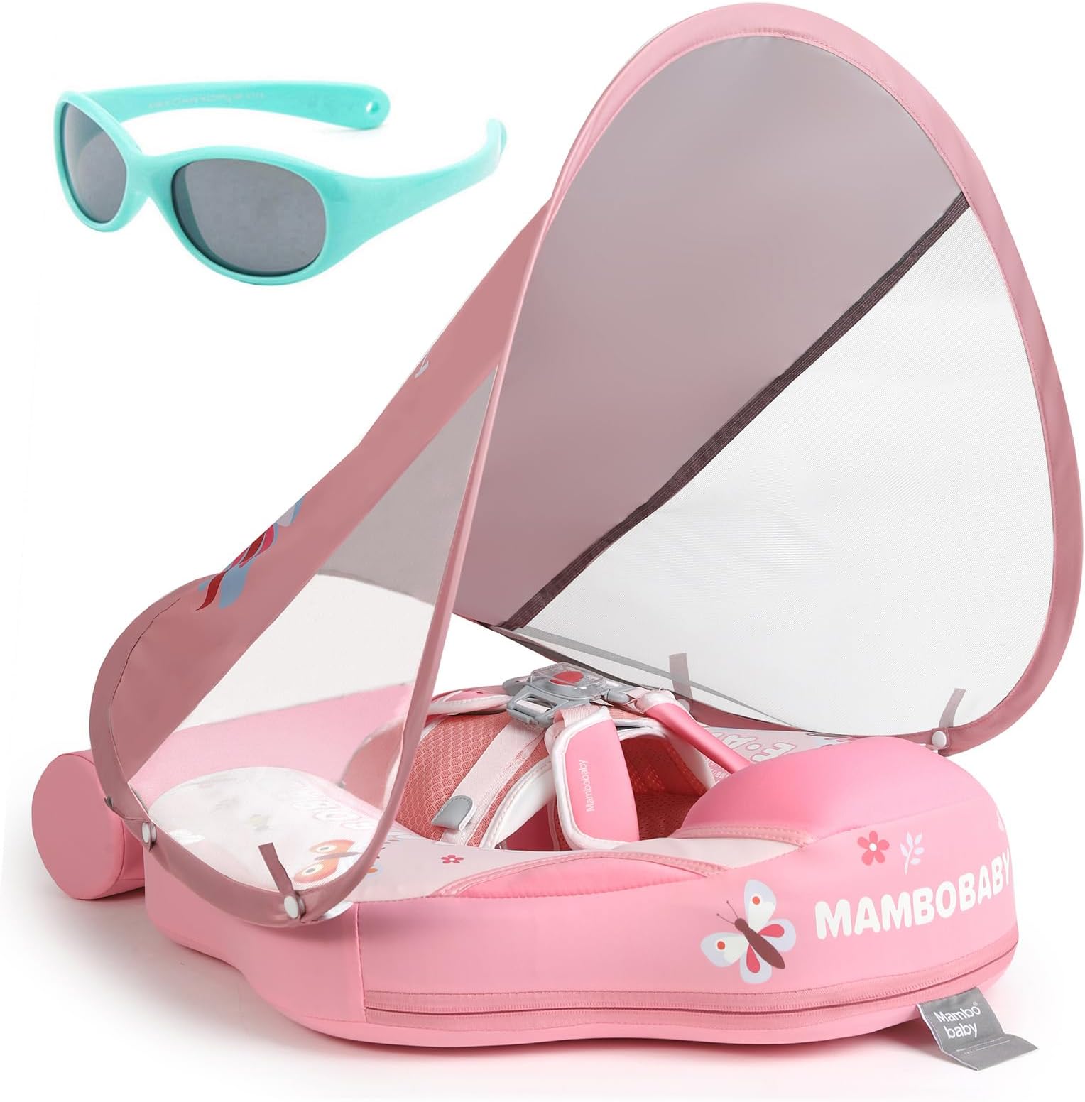 Mambobaby Newest Non Inflatable Baby Float Size Improved Add Tail Avoid Flip Over Swim Trainer Solid Infant Pool Float with Canopy UPF 50+ Swim Ring