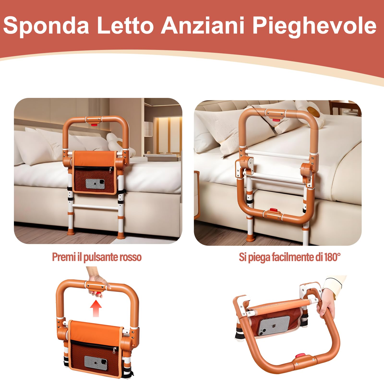 Ausili per Alzarsi dal Letto, Sponda Letto Anziani Pieghevole, con Tre Regolazioni in Altezza e una Tasca Portaoggetti, è Adatta ad Anziani, Persone con Mobilità Ridotta (Con piedini)