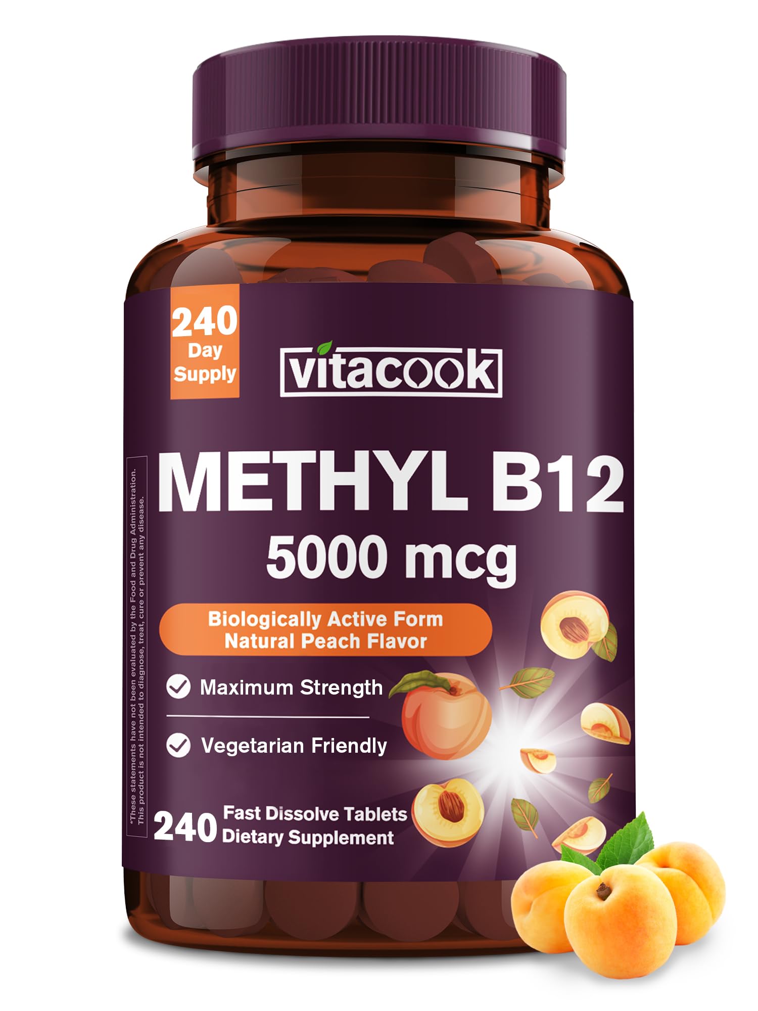 Vitamin B12 Sublingual, Methylcobalamin 5000mcg, Natural Peach Flavor, Vegan, Zero Sugar, 240 Fast Dissolve Tablets