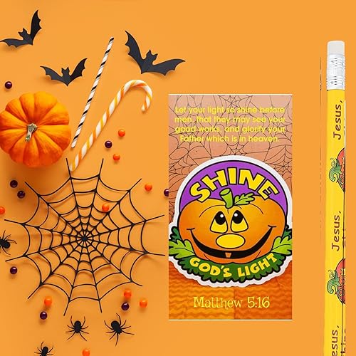 Miniatura 3 de Biblebanz 24 juegos de lápices de calabaza cristiana con Let Your Light Shine a granel calabaza Halloween tarjetas de bolsillo tronco o golosina
