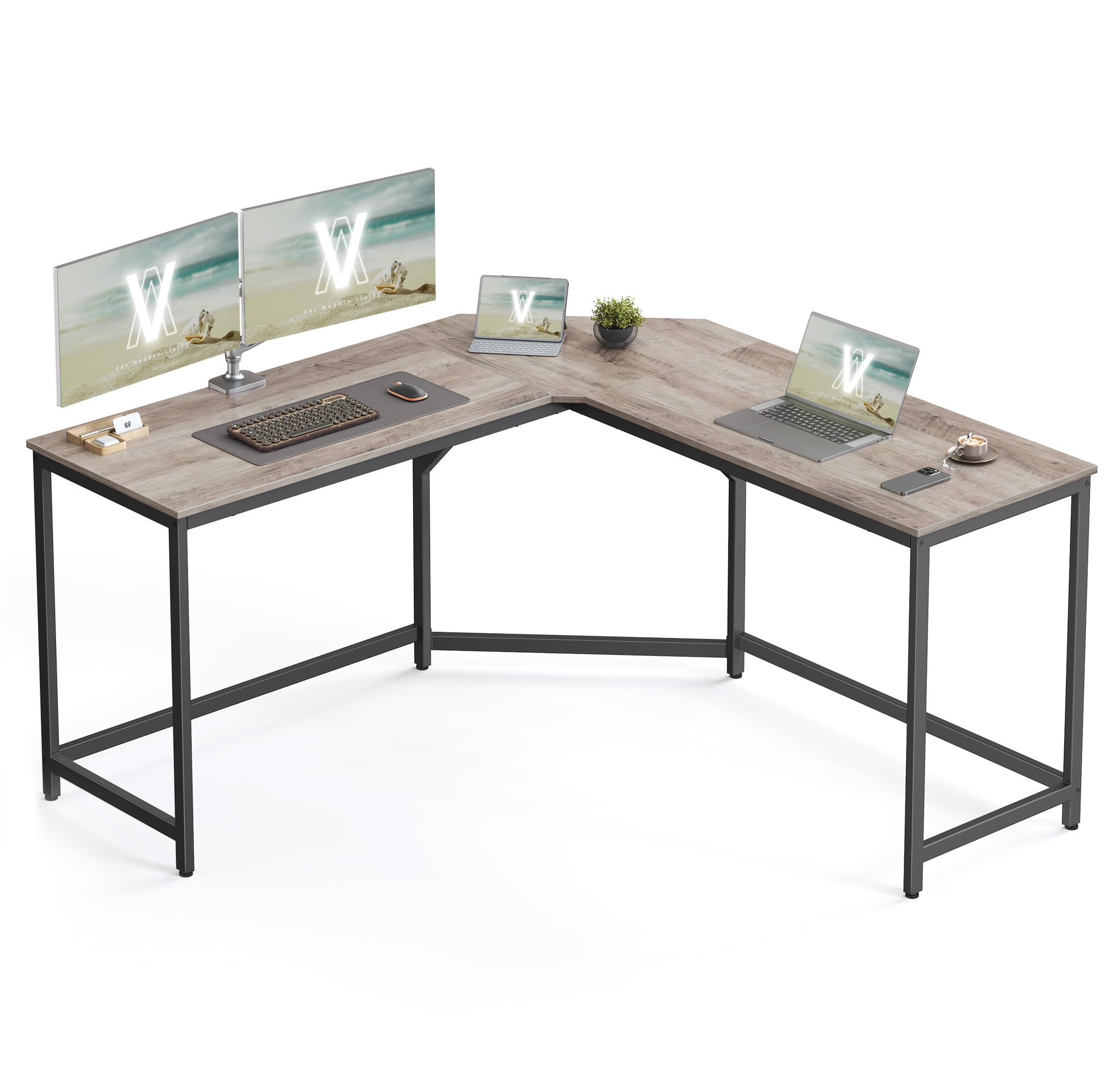 VASAGLE Eckschreibtisch, L-förmiger Computertisch, 149 x 149 x 76 cm, platzsparender Bürotisch, Homeoffice, Gaming, Greige meliert-tintenschwarz LWD073B02