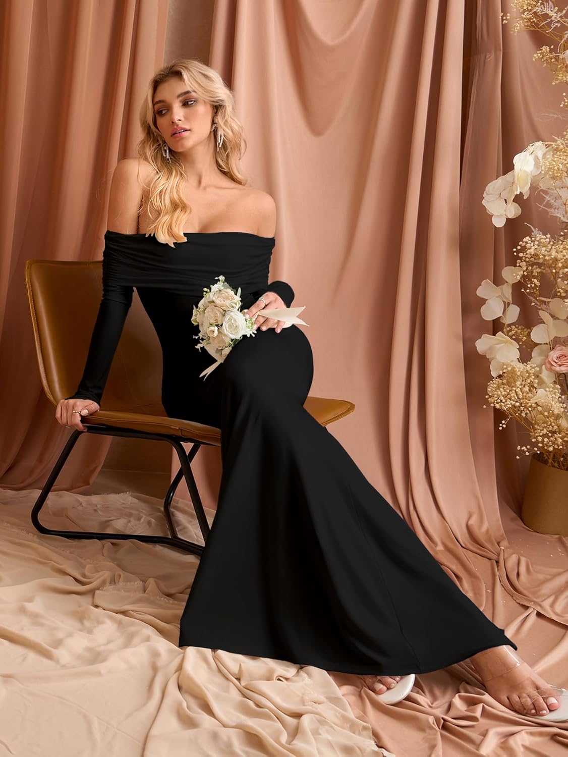 KUTUMAI Elegant Off Shoulder Long Sleeve Maxi Dresses for Women Fall Bodycon Fishtail Formal Wedding Guest Dress - Image 5