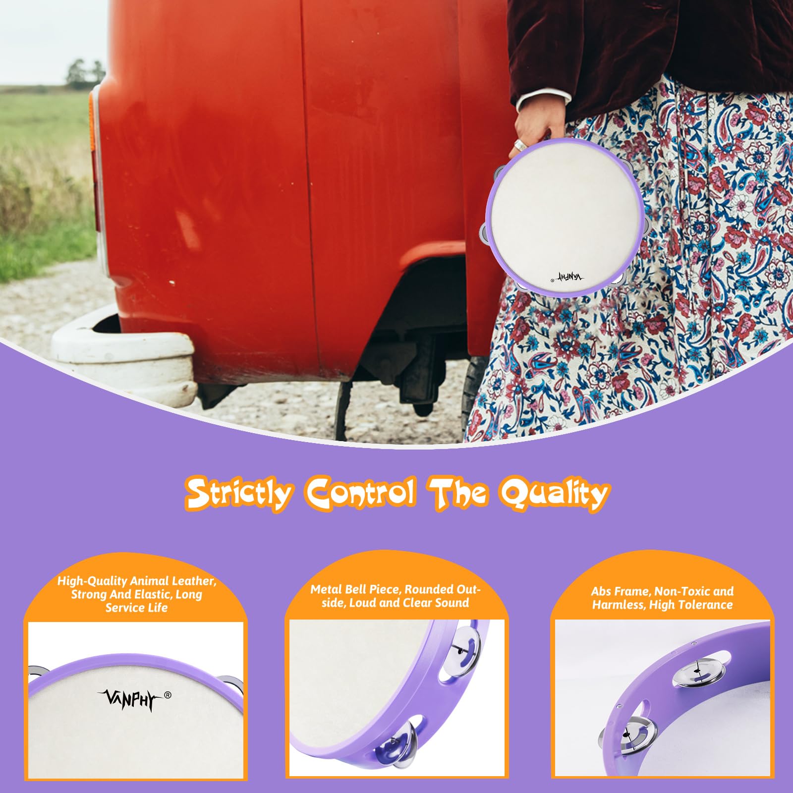Panderetas para principiantes, pandereta de mano de 8 pulgadas, sonajeros de percusión, instrumentos musicales para acompañamientos y decoraciones navideñas (morado)