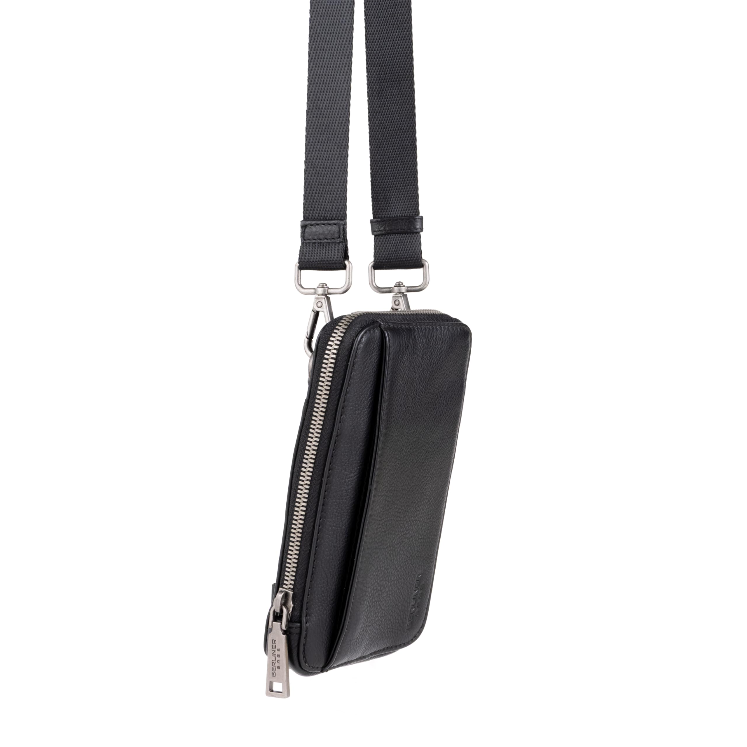 Berliner Bags Premium etui na telefon komórkowy Prague, małe Crossbody ze skóry, torba na ramię z portmonetką, dla kobiet i mężczyzn - czarna