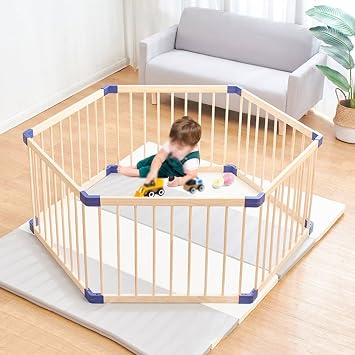 Jolan Baby Playpen,Breathable/Durable/Portable Wooden Baby Fence,Indoor Outdoor Kids Activity Center Playpen,61cm Height,Crawling Fence,Safety Playard Playpen for Baby and Toddlers,158cm62.2in