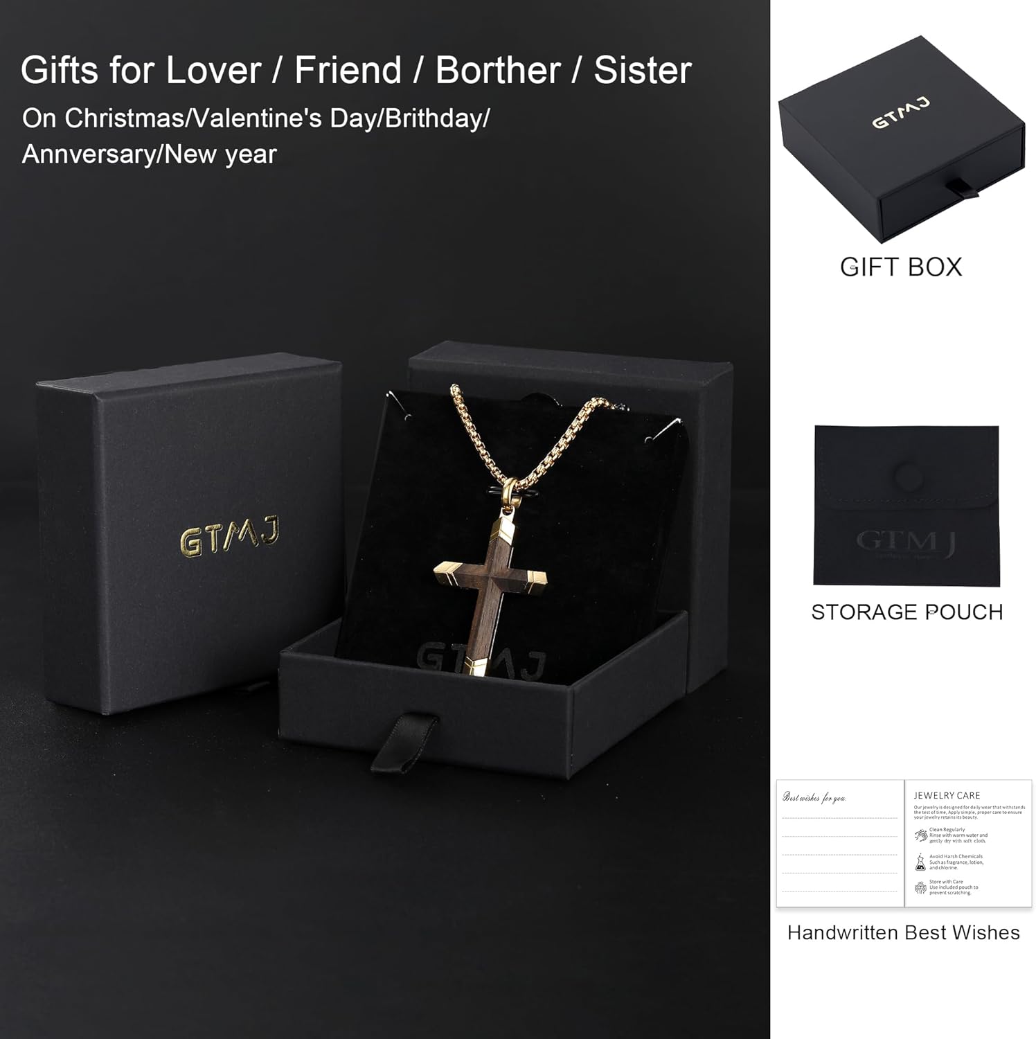 Cross Necklace for Men -Stainless Steel & Wood Adjustable Box Chain 24-26in, Spiritual Jewelry Gift for Him, Everyday Wear