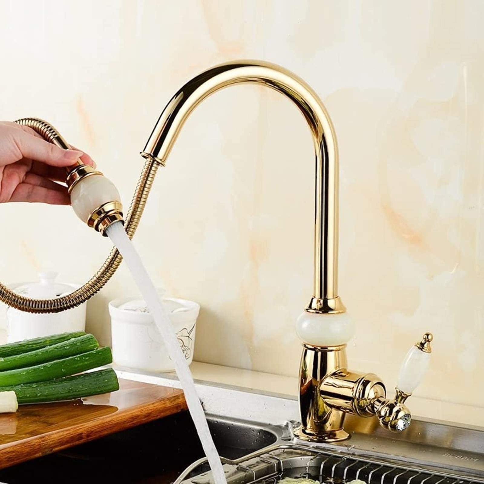 Robinet de cuisine luxe or rose et jade, mitigeur rétro haut de gamme
