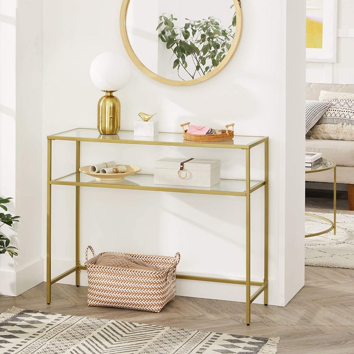 VBChome Table console 100 x 35 x 80 cm, 2 compartiments, doré, cadre en métal, verre trempé, salon, chambre à coucher, table d'appoint, pieds réglables, étagère de rangement 100 x 35 x 80 cm, 2