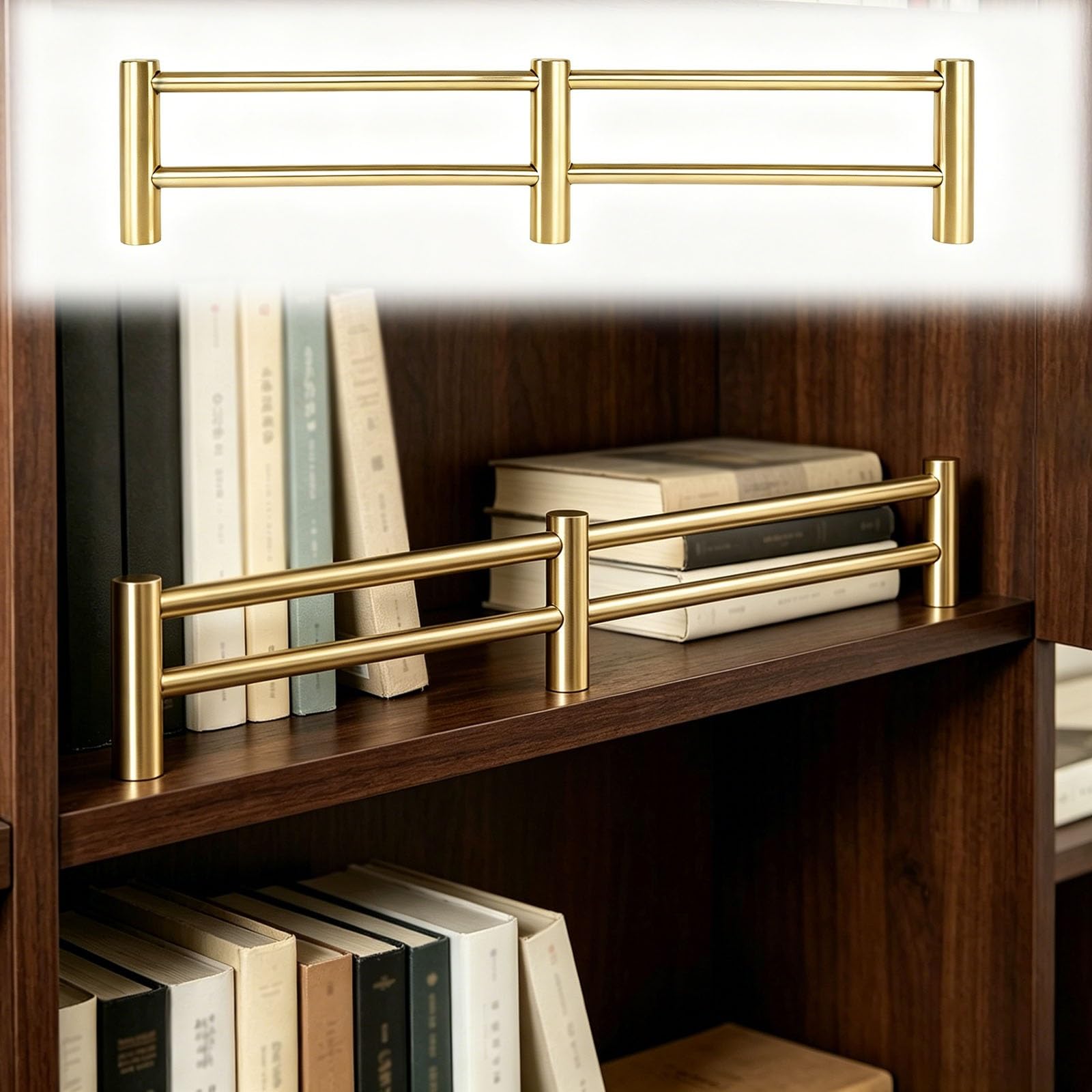 Modern Metal Shelf Fence Barrier, 304 Stainless Steel Railing System for Bookshelf, Cabinet Decorative Guardrail Bar Easy to Install(Gold,24in/61cm)