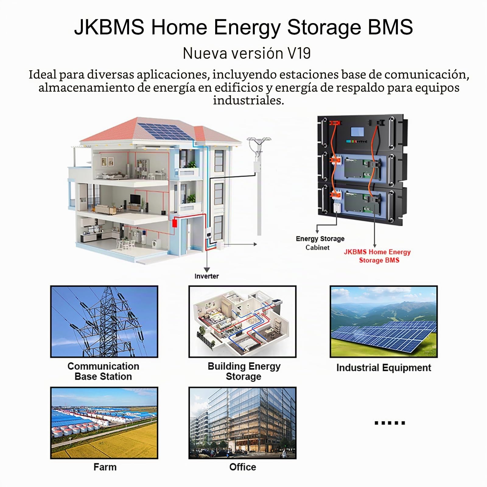 JKBMS Inversor BMS 8S-16S 24V-48V 100A - V19 Home Energy Storage BMS con UART para Nueva Pantalla, Balance Activo 1A, Bluetooth Integrado, RS485 y Can, para Sistema Solar (JK-PB1A16S10P V19)