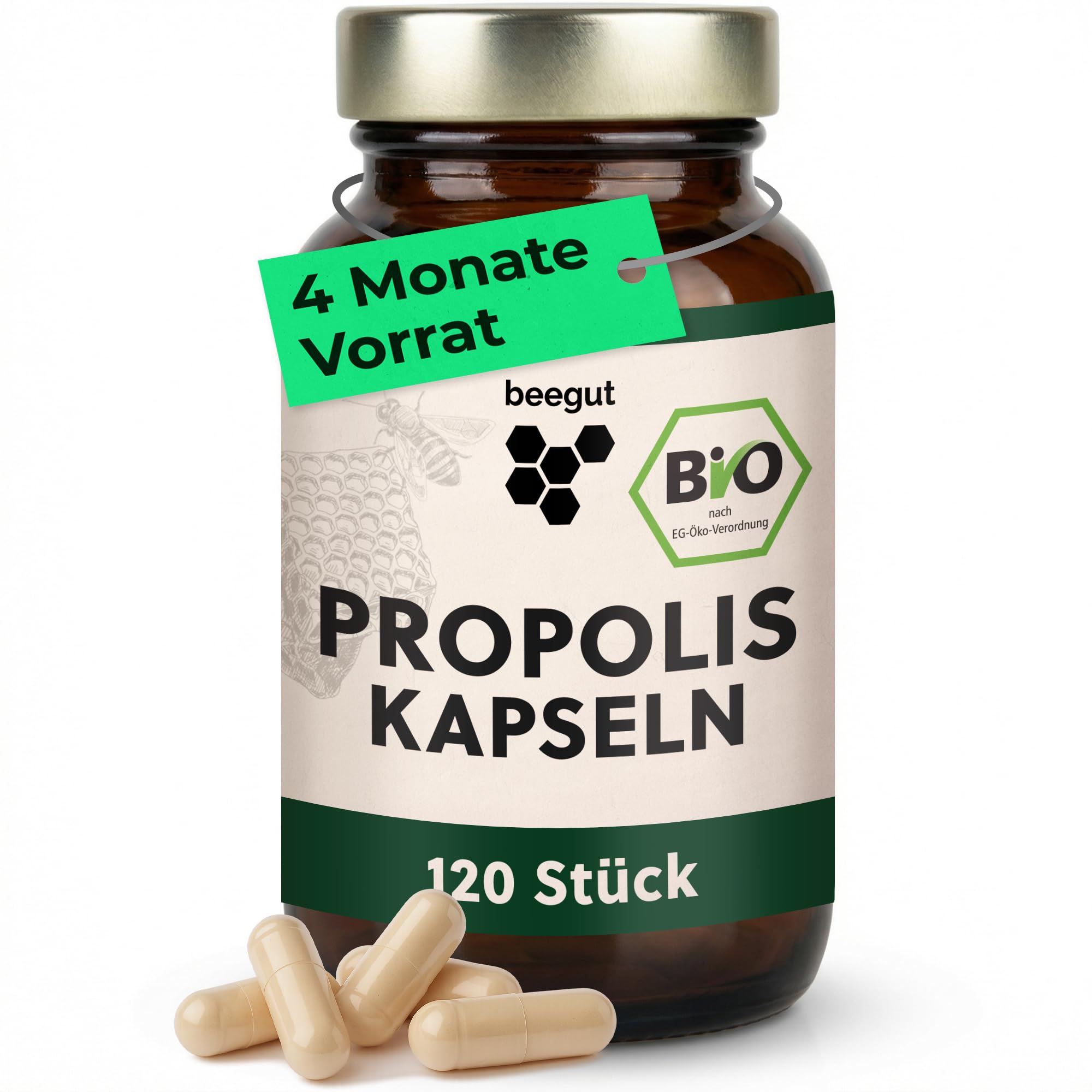 beegut BIO Propolis Kapseln, 120 Kapseln in pflanzlicher Kapselhülle mit BIO Propolis Extrakt, nachhaltige Verpackung