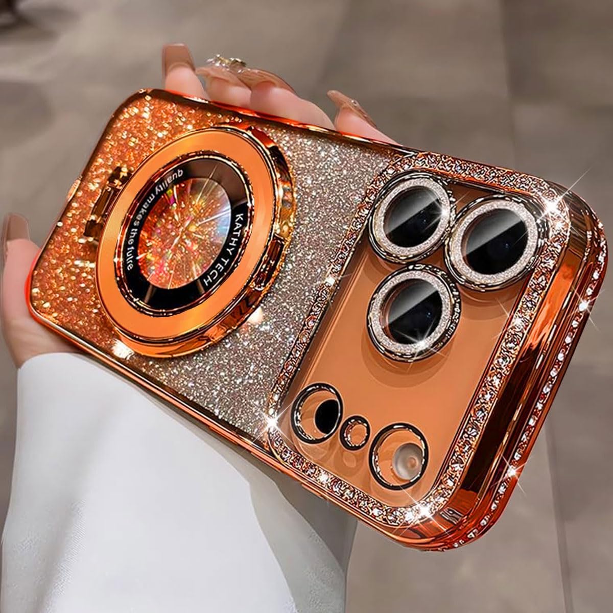 Magnetic Case for iPhone 17 Pro Max [Compatible with MagSafe] Ring Holder Stand, Women Girls Clear Cute Glitter Bling Cover Diamond with Camera Protectors Cover for 6.9", Orange image 5