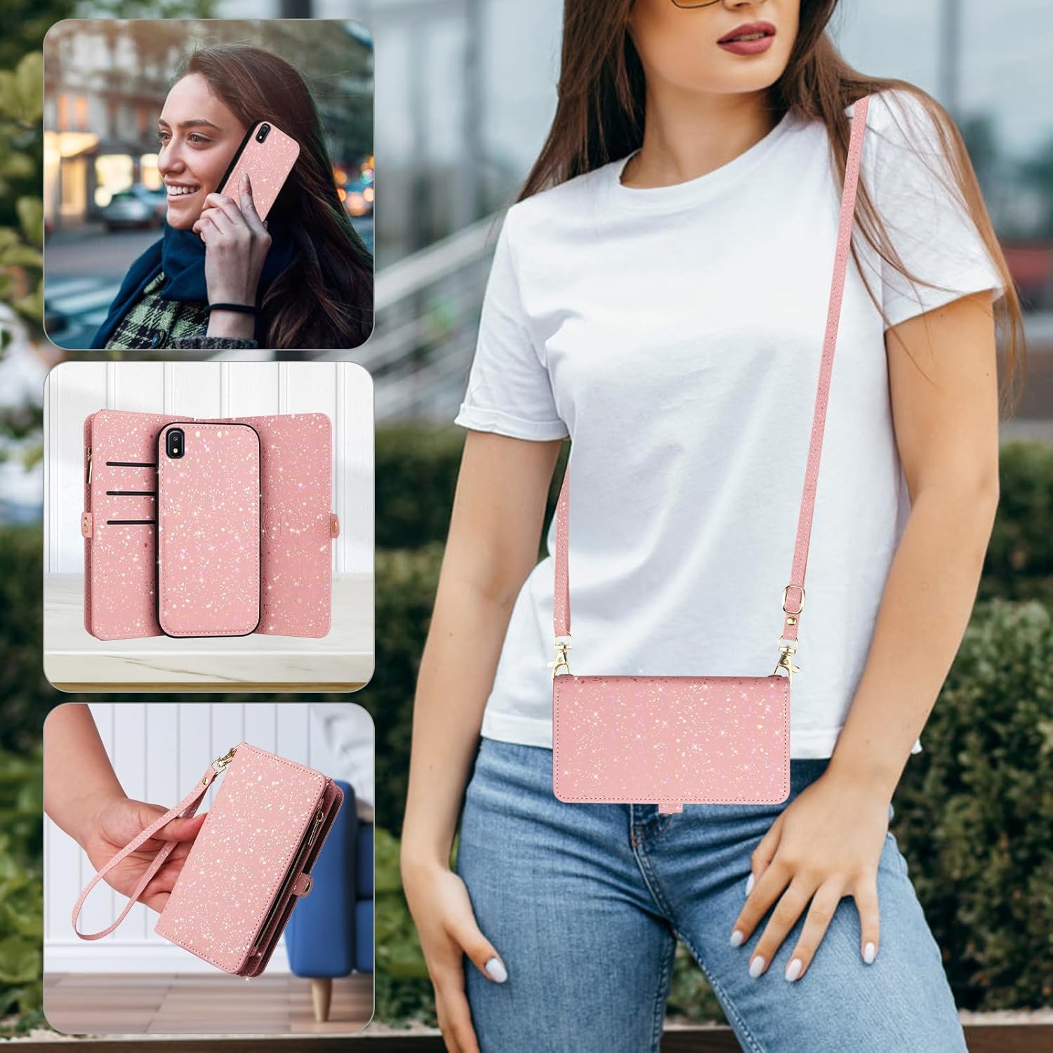 Asuwish Phone Case for Samsung Galaxy A10e Zipper Wallet Magnetic Detachable Cover with Tempered Glass Screen Protector and Glitter Card Holder Stand Cell Accessories A 10e 10ae S102DL Women Men Pink